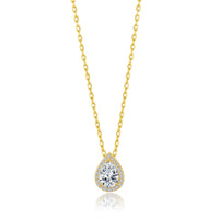 Gold Plated Pear Halo Necklace Created with Zircondia® Crystals