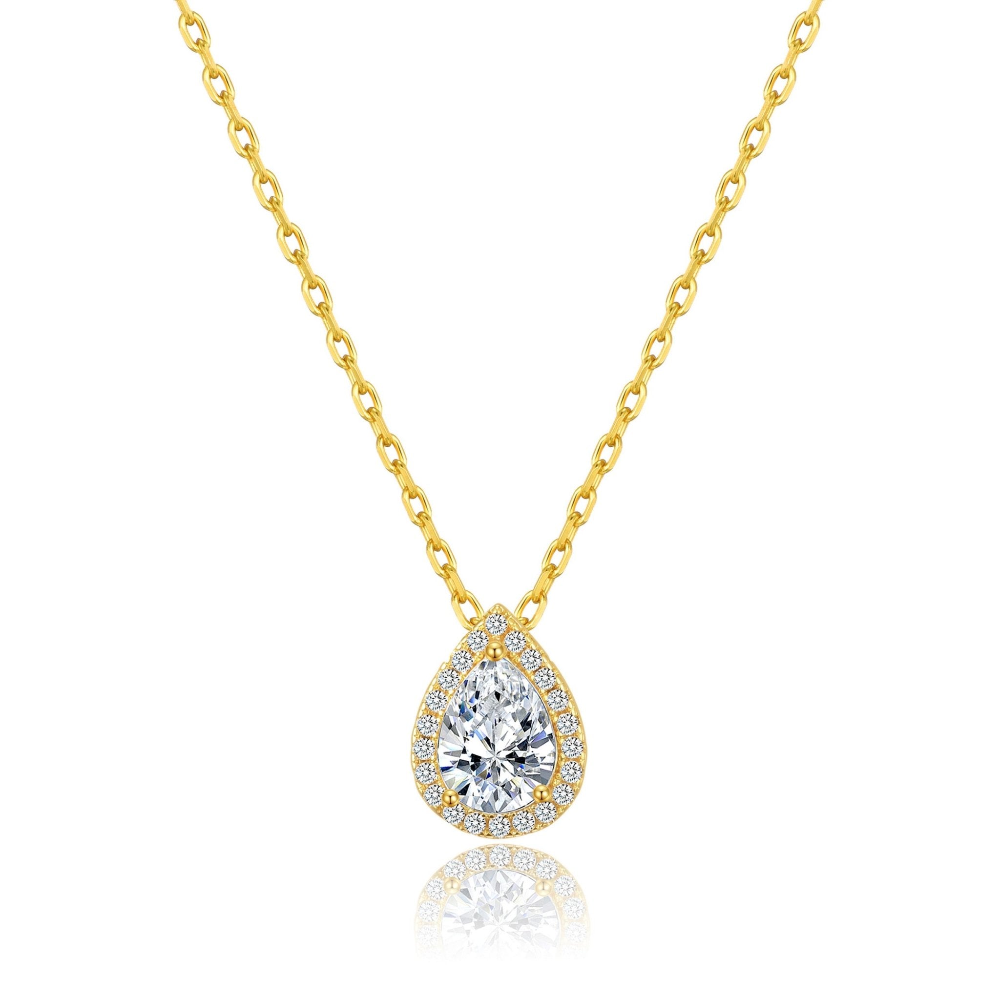 Gold Plated Pear Halo Necklace Created with Zircondia® Crystals