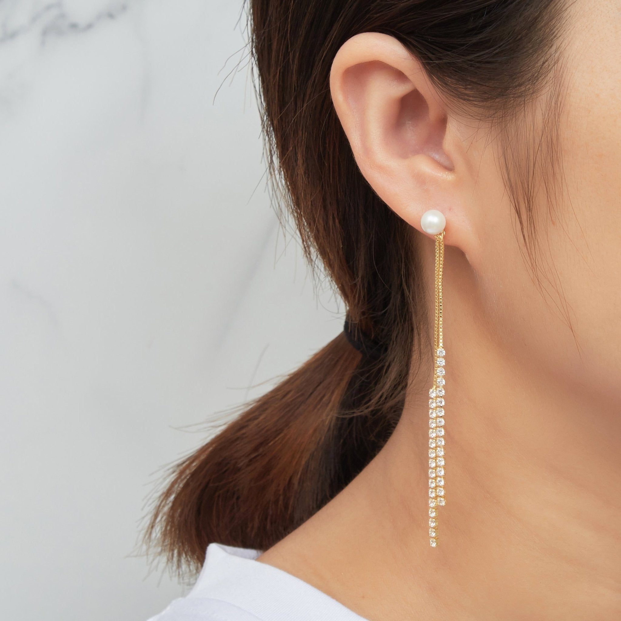 Gold Plated Pearl Dangle Earrings Created with Zircondia® Crystals