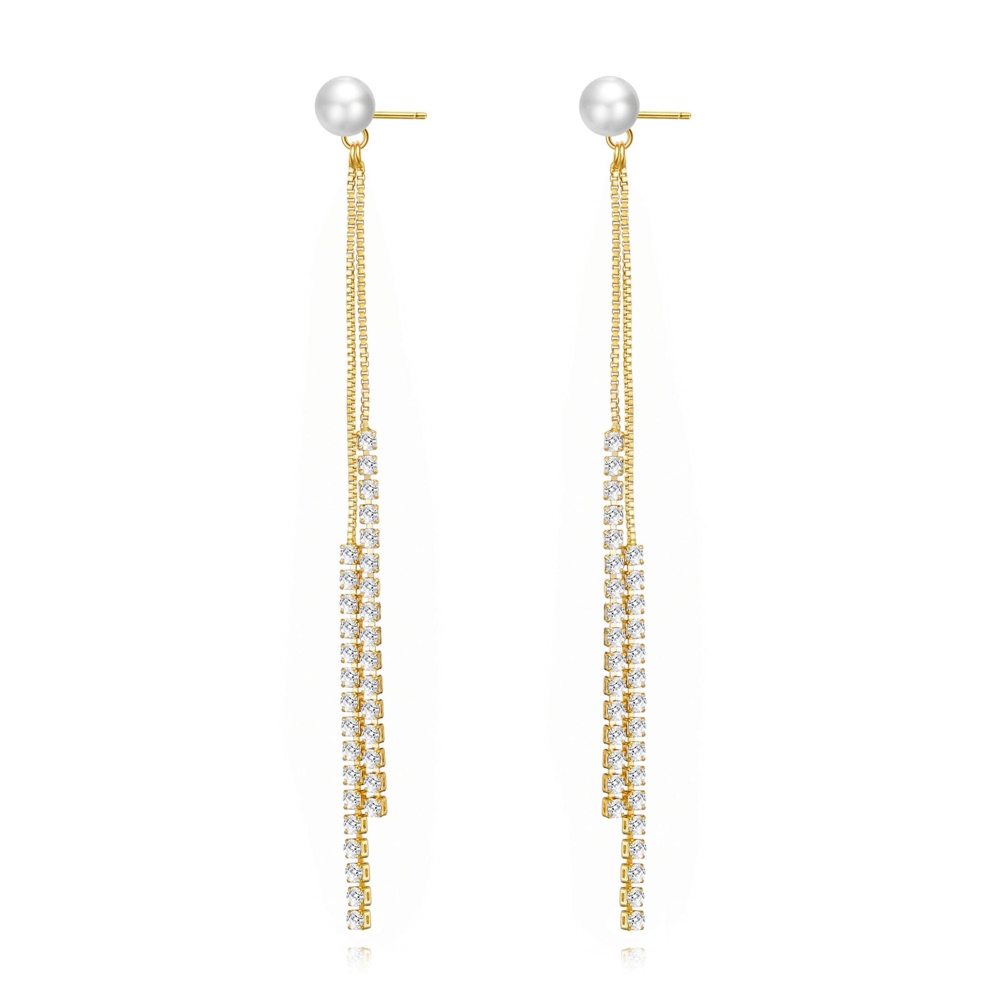 Gold Plated Pearl Dangle Earrings Created with Zircondia® Crystals