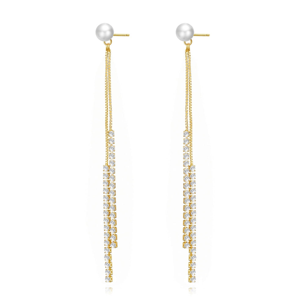 Gold Plated Pearl Dangle Earrings Created with Zircondia® Crystals