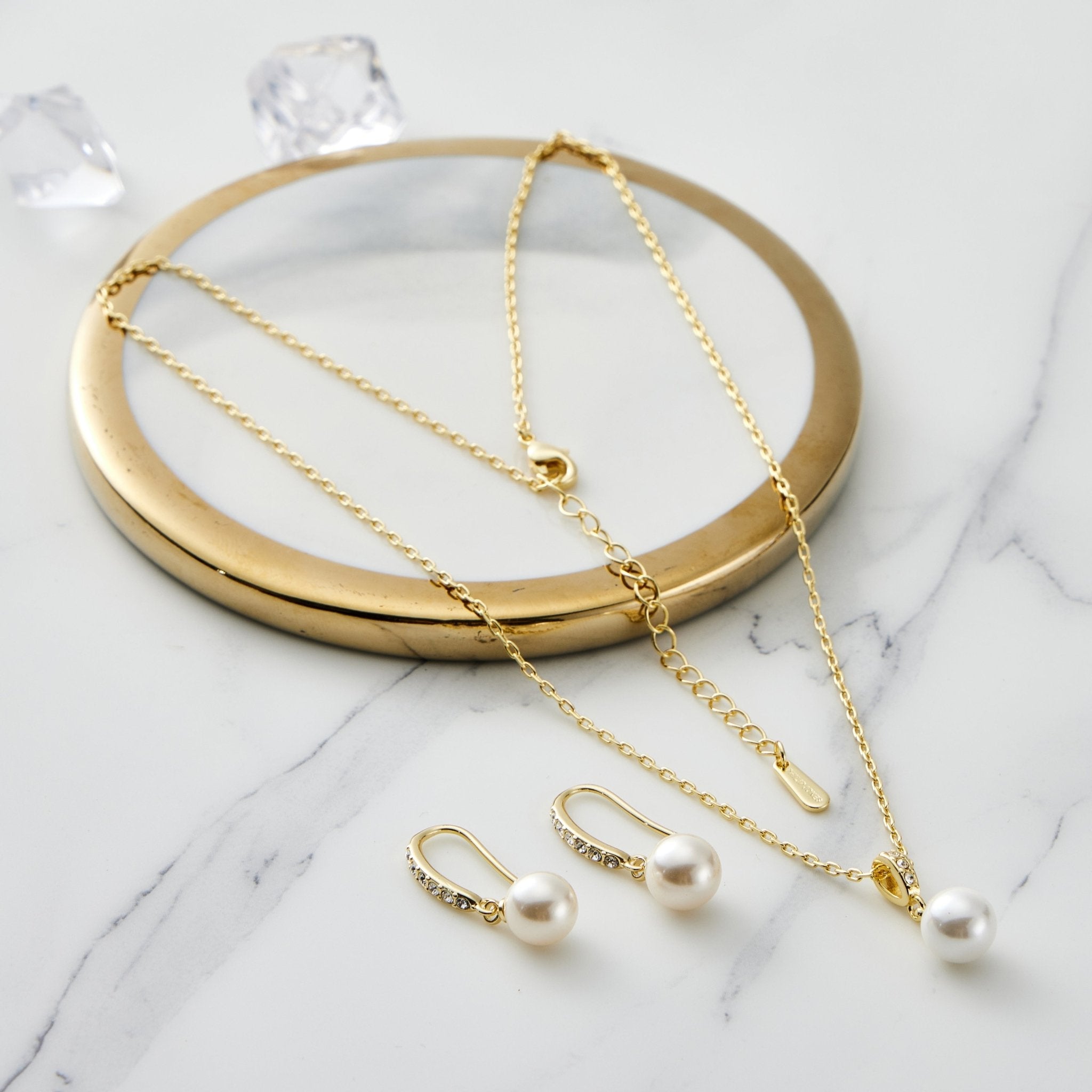 Gold Plated Pearl Drop Set Created with Zircondia® Crystals
