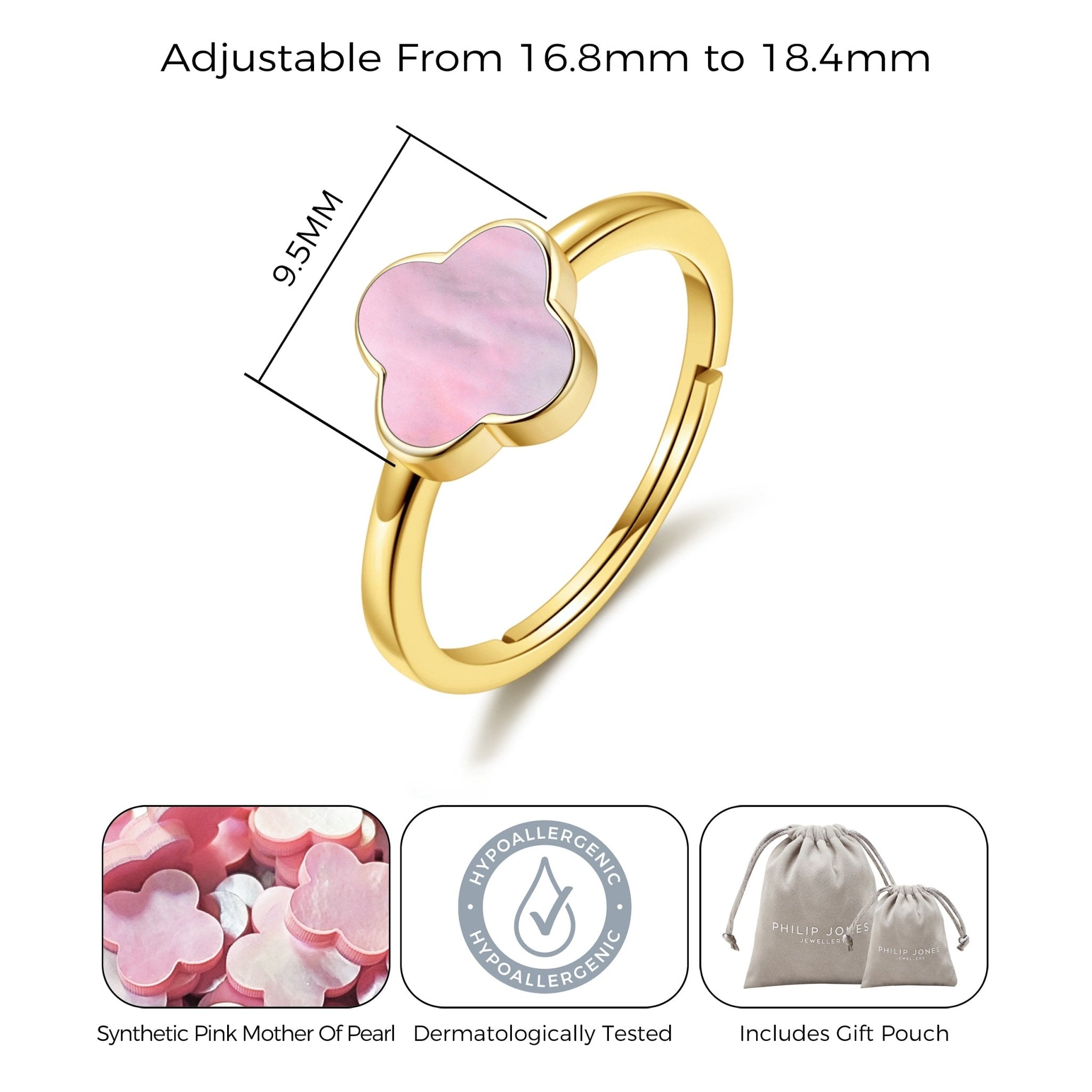 Gold Plated Pink Mother of Pearl Gemstone Adjustable Clover Ring