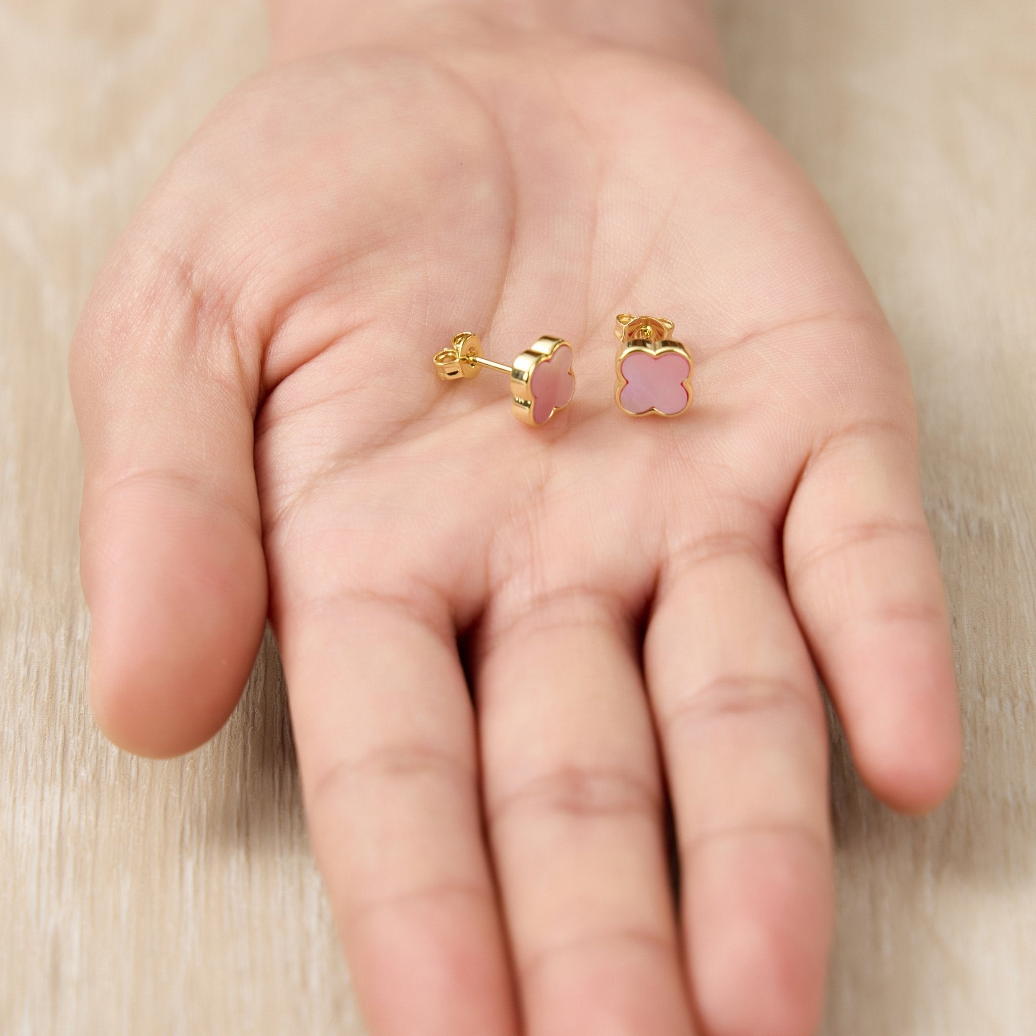 Gold Plated Pink Mother of Pearl Gemstone Clover Earrings