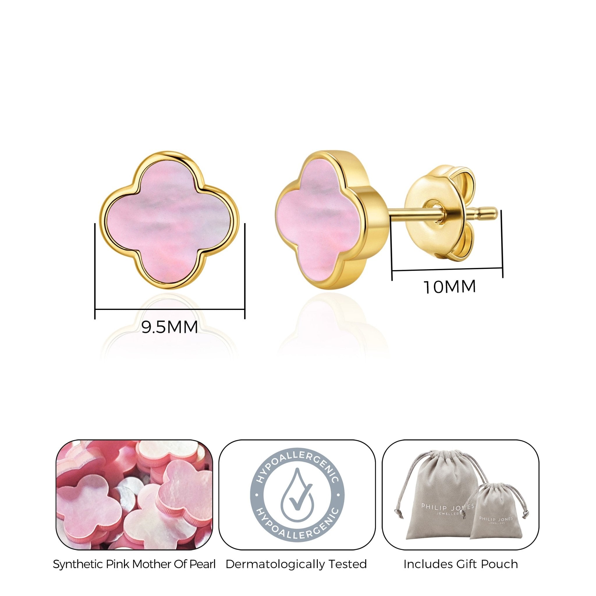 Gold Plated Pink Mother of Pearl Gemstone Clover Earrings