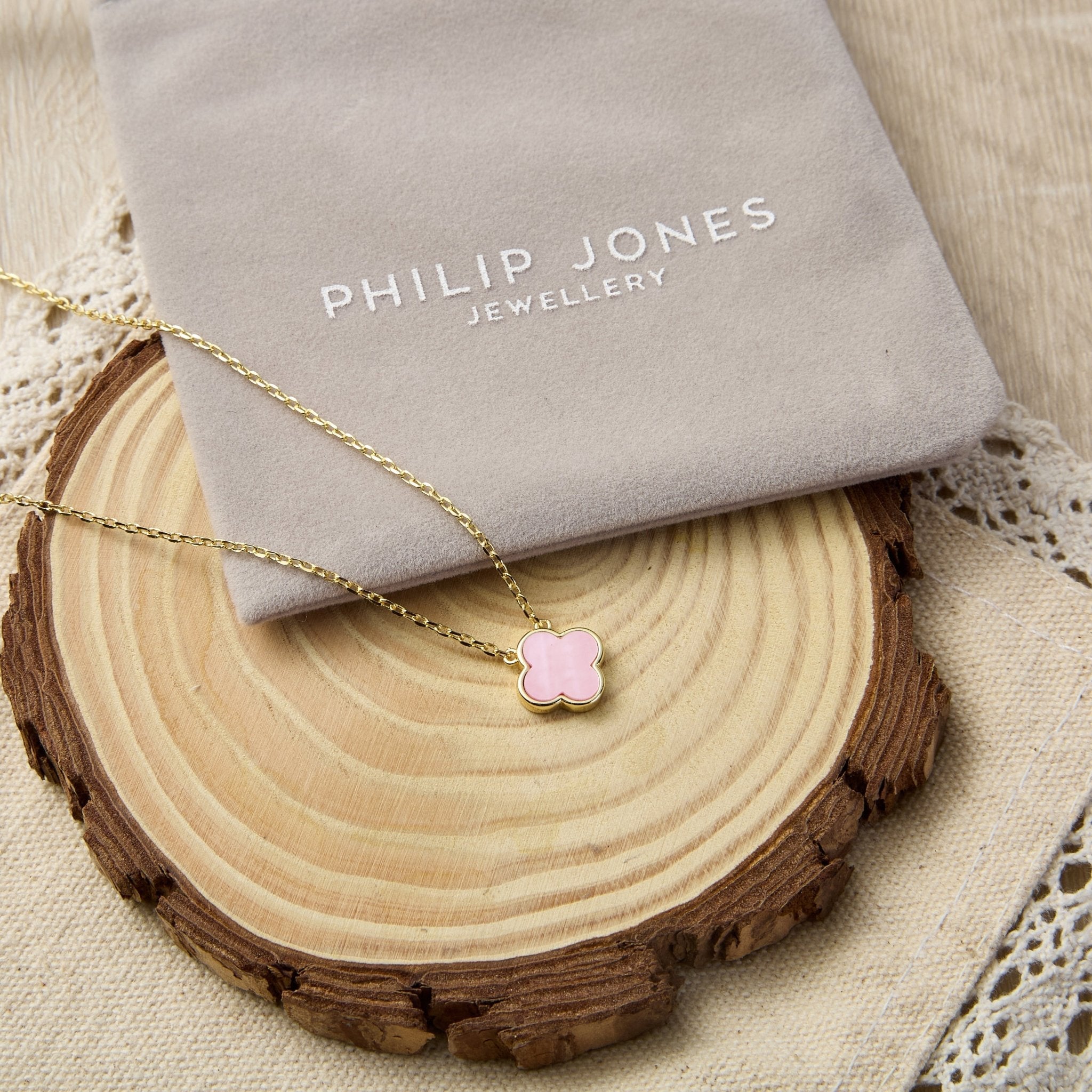 Gold Plated Pink Mother of Pearl Gemstone Clover Necklace