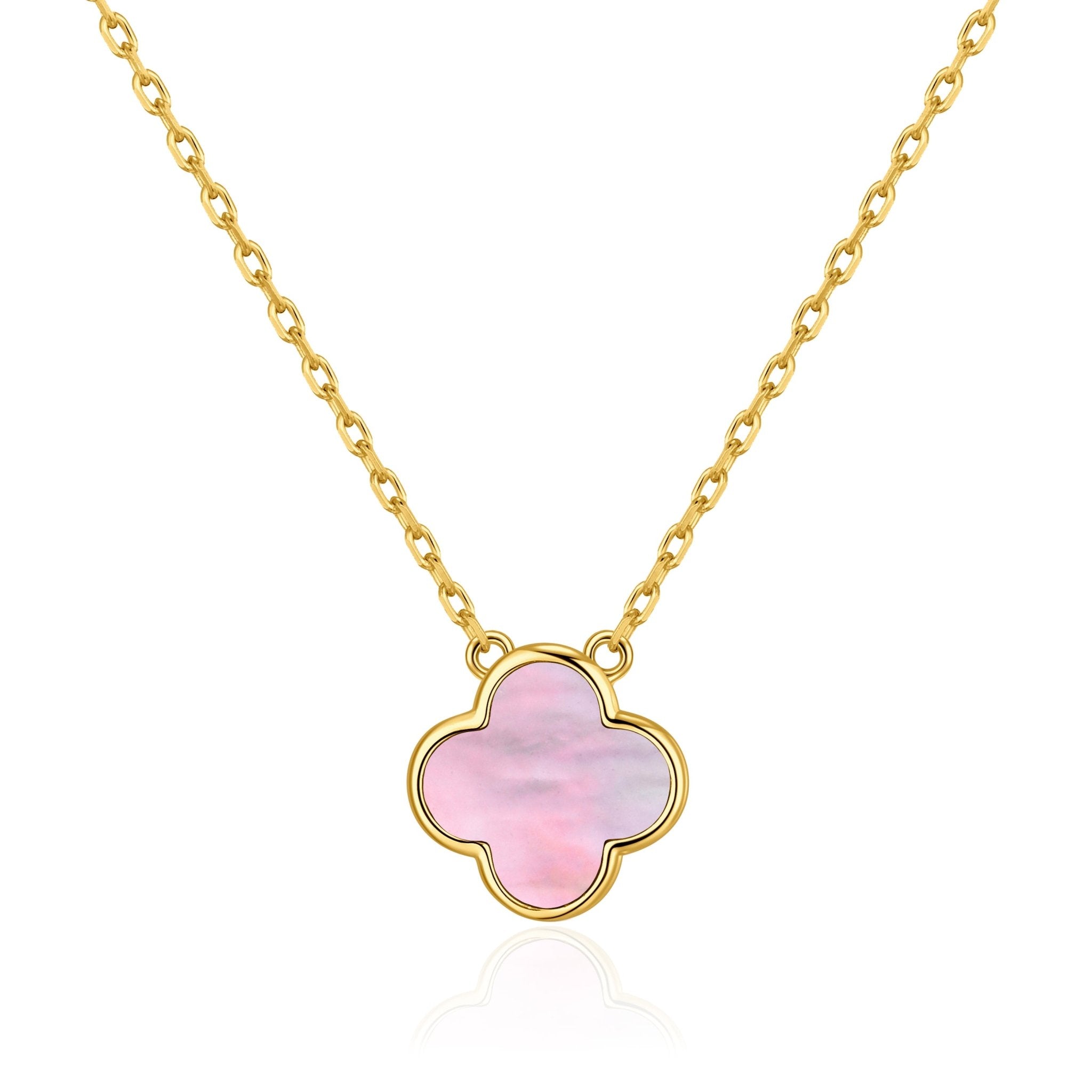 Gold Plated Pink Mother of Pearl Gemstone Clover Necklace