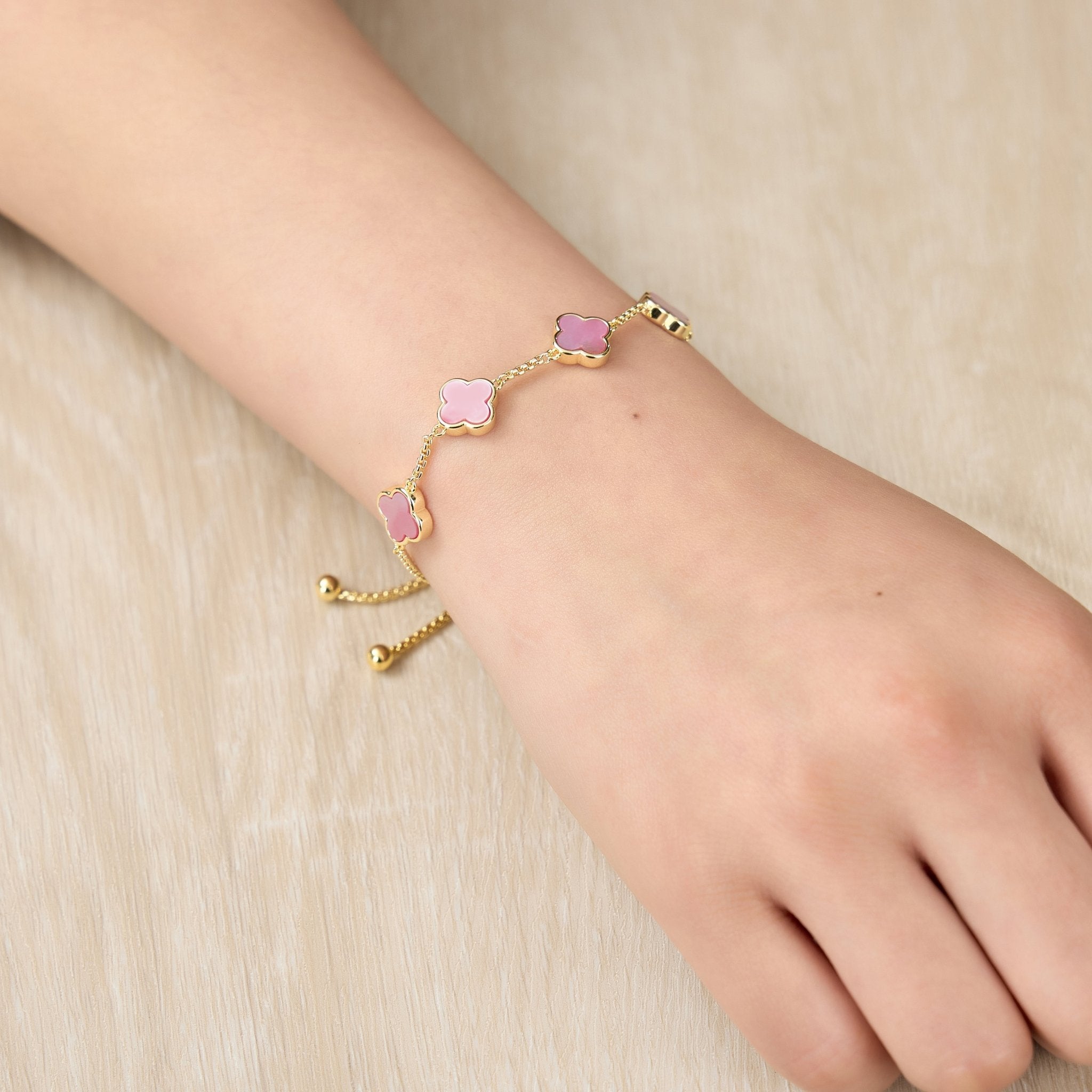 Gold Plated Pink Mother Of Pearl Multi Clover Friendship Bracelet
