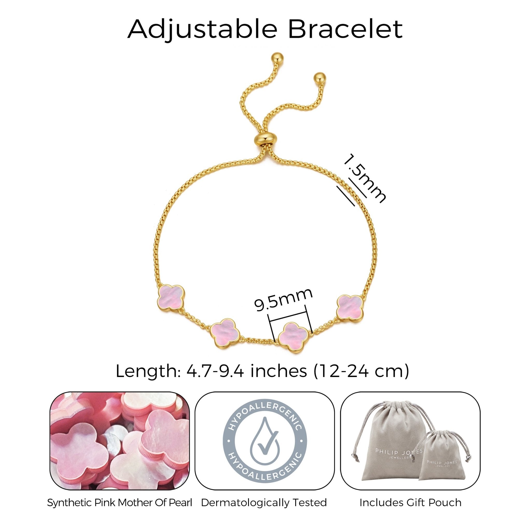 Gold Plated Pink Mother Of Pearl Multi Clover Friendship Bracelet