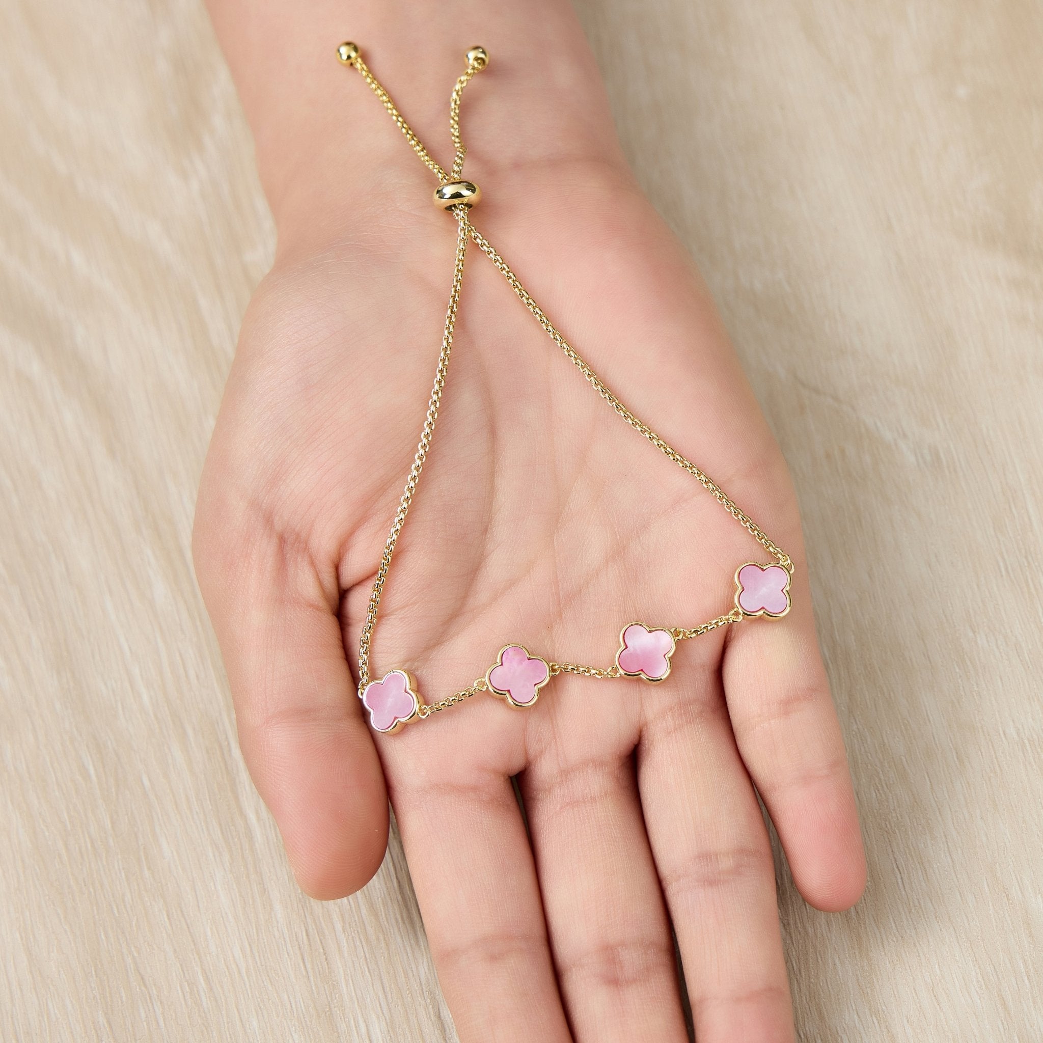 Gold Plated Pink Mother Of Pearl Multi Clover Friendship Bracelet
