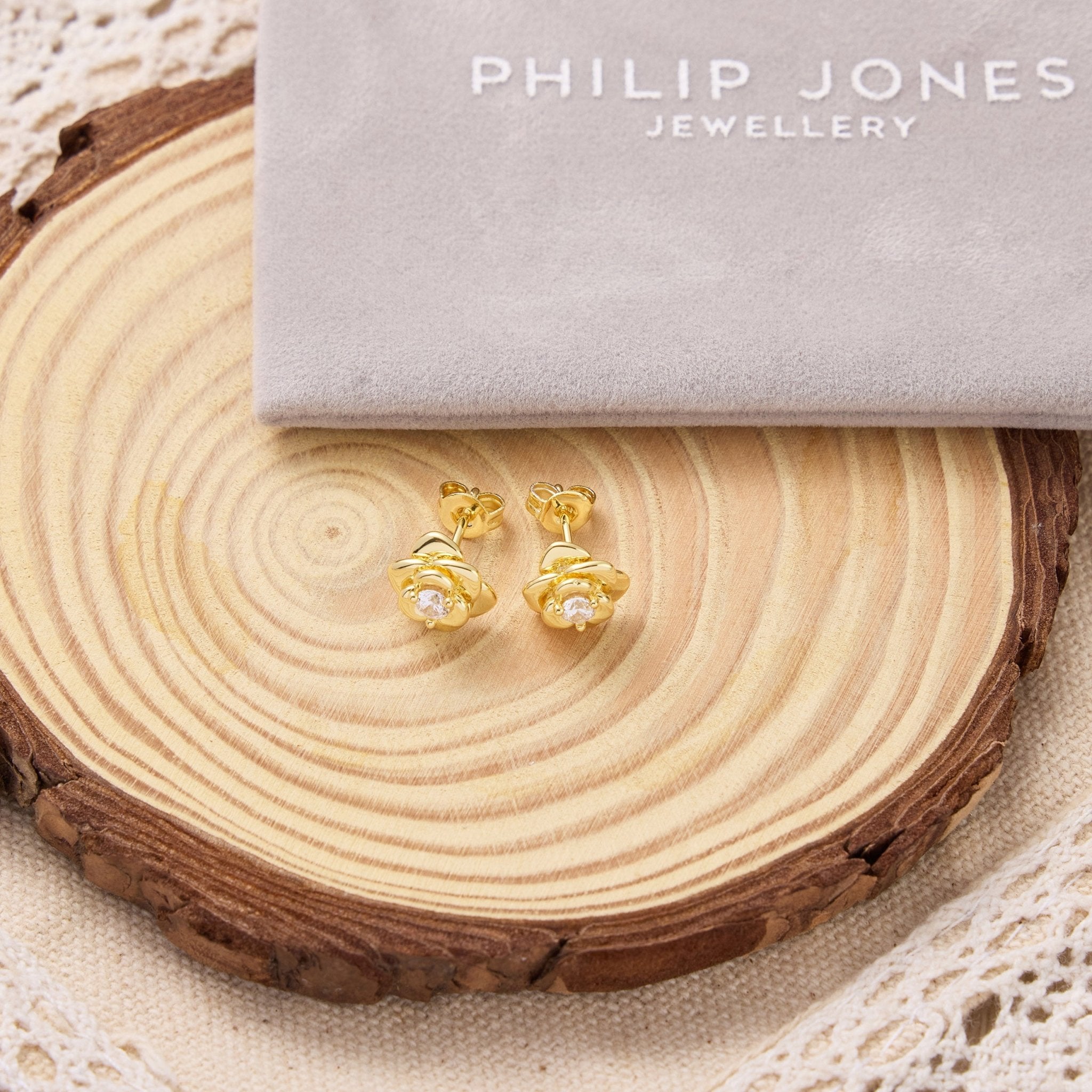 Gold Plated Rose Earrings Created with Zircondia® Crystals