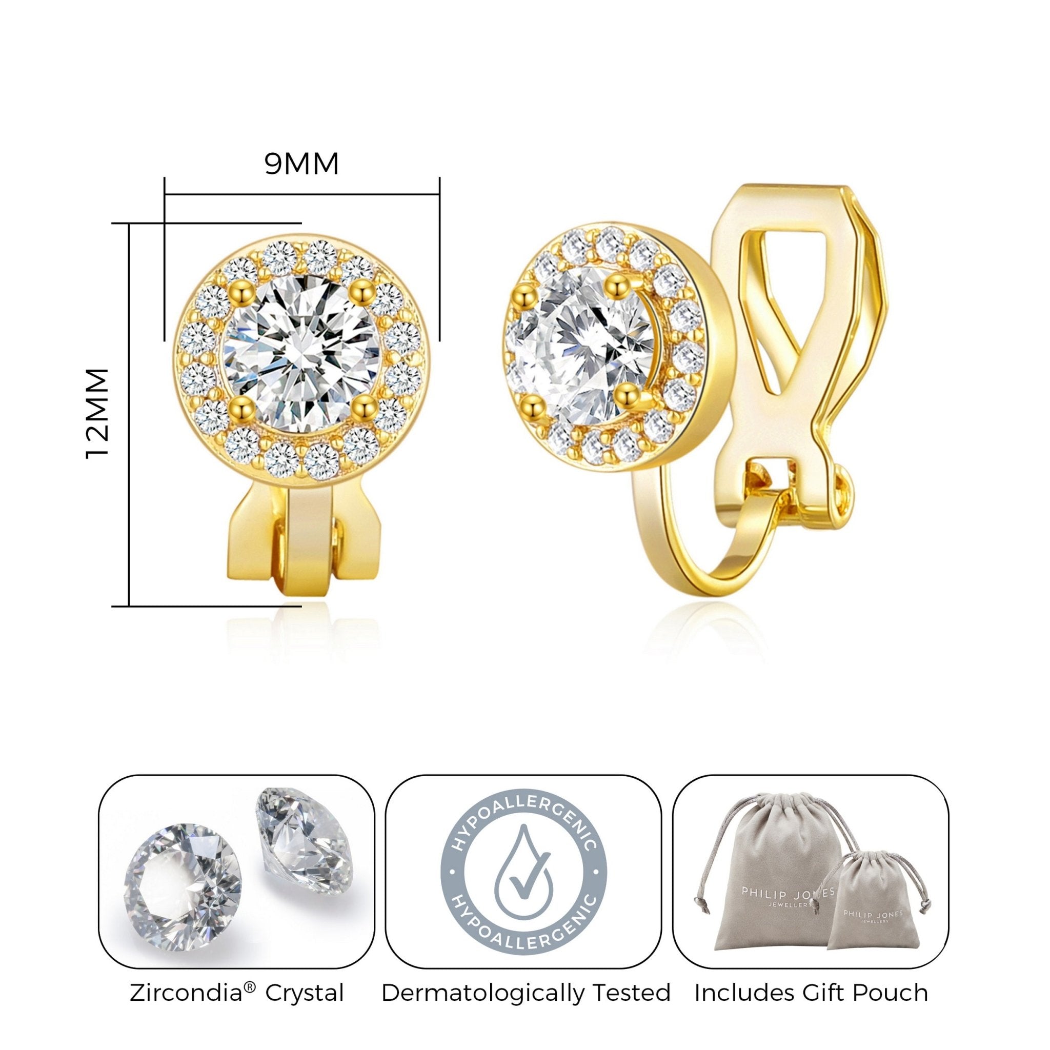Gold Plated Round Halo Clip On Earrings Created with Zircondia® Crystals