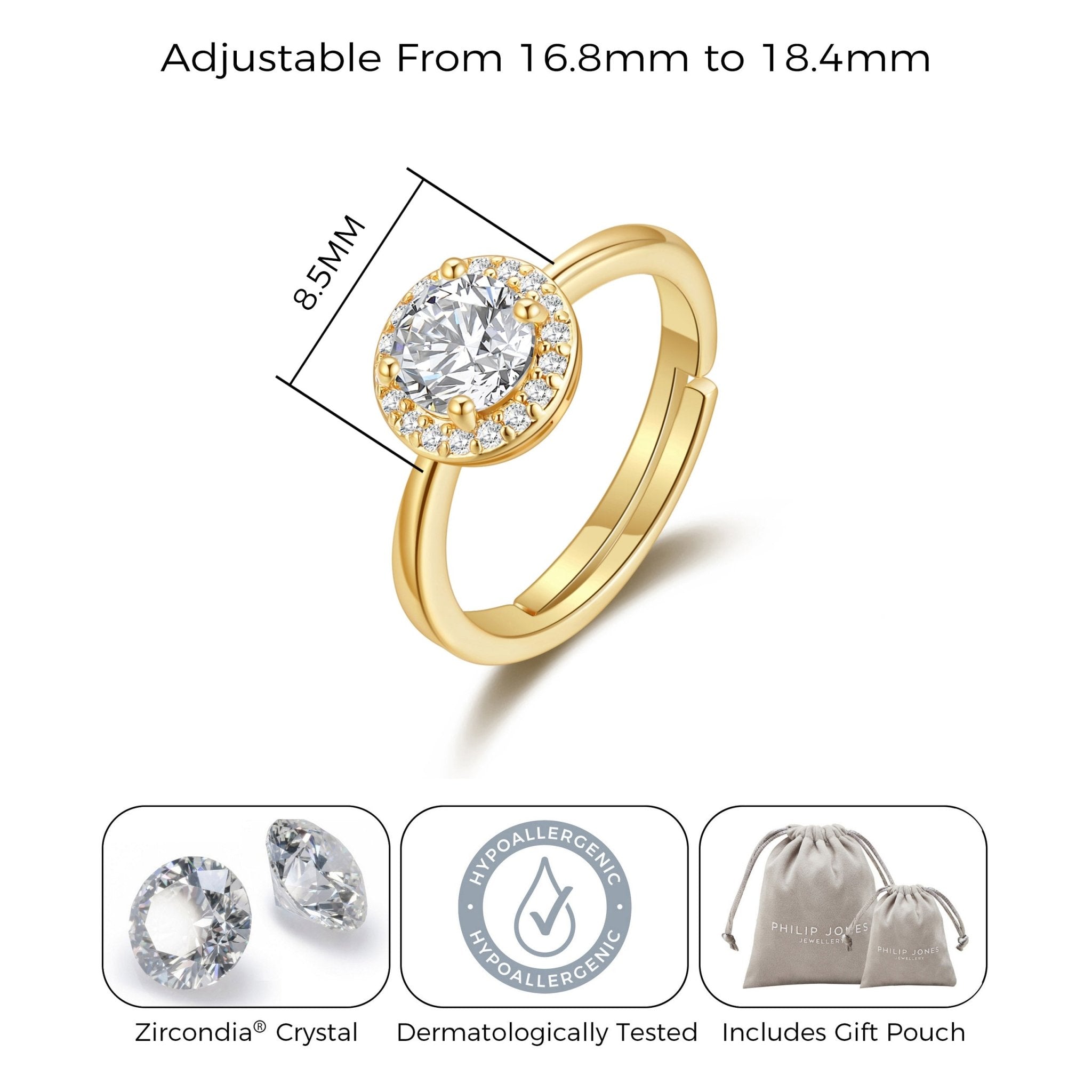 Gold Plated Round Halo Ring Created with Zircondia® Crystals