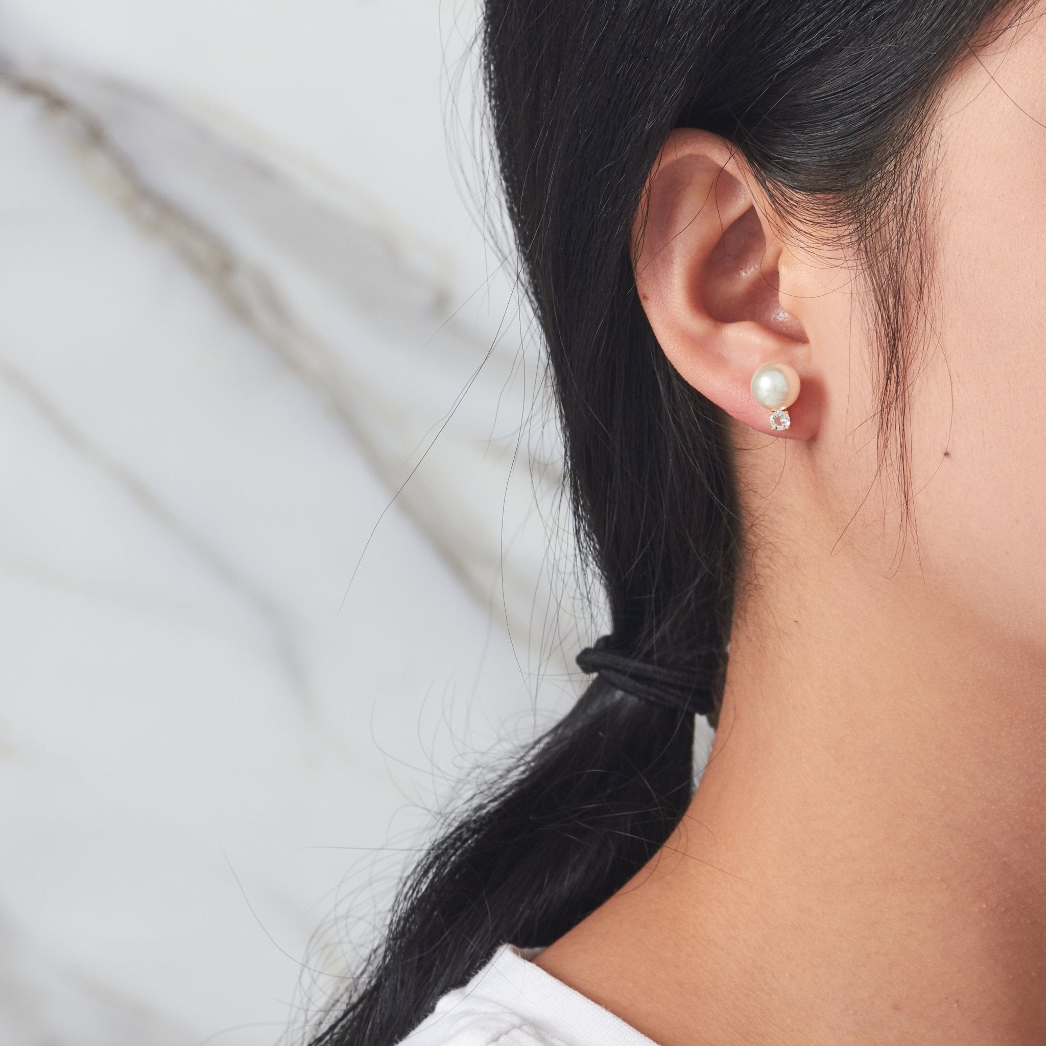 Gold Plated Round Shell Pearl Earrings Created with Zircondia® Crystals