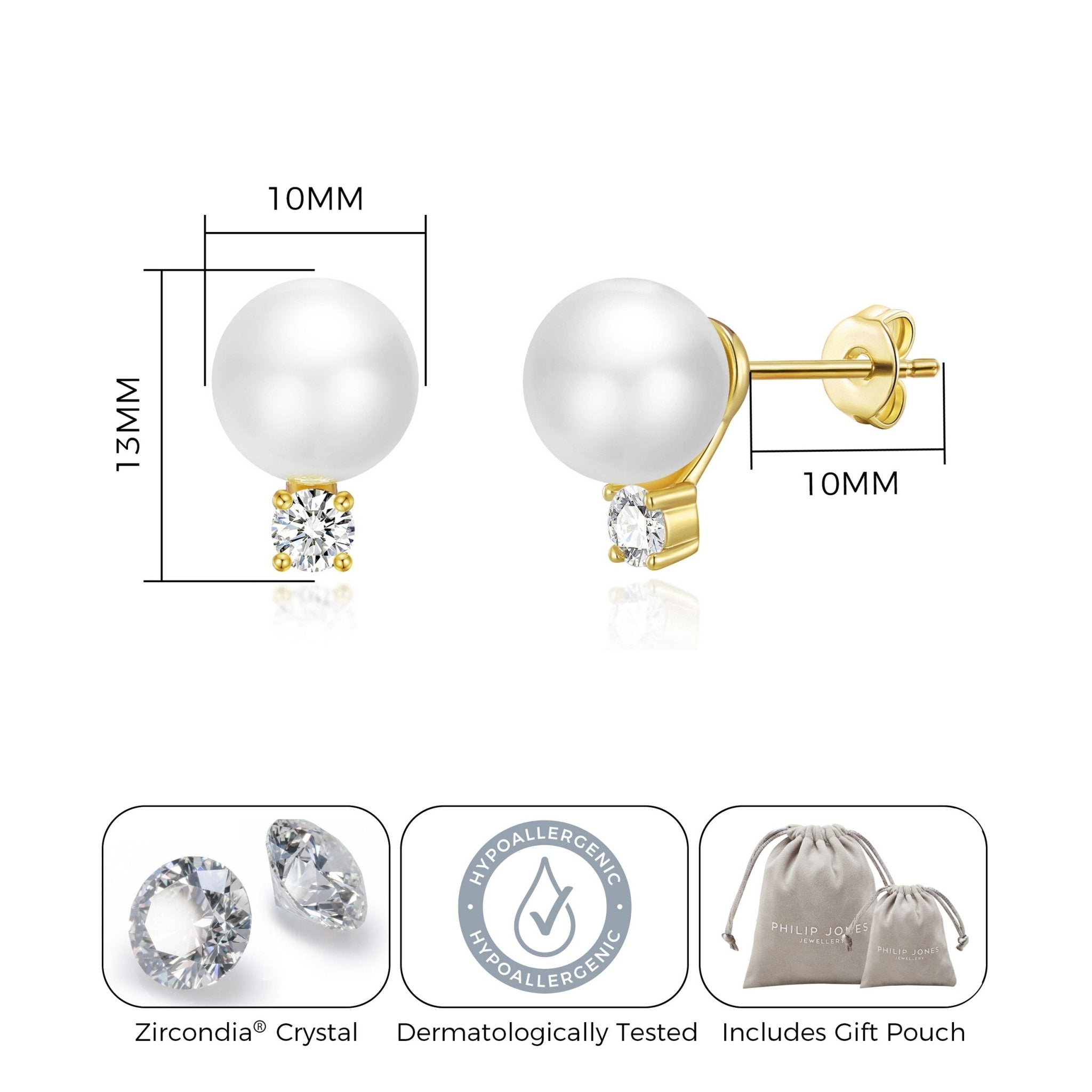 Gold Plated Round Shell Pearl Earrings Created with Zircondia® Crystals