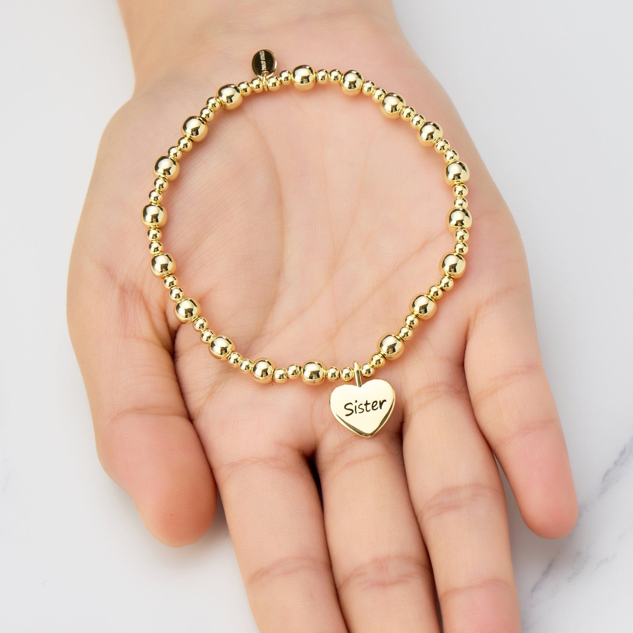 Gold Plated Sister Heart Charm Beaded Stretch Bracelet