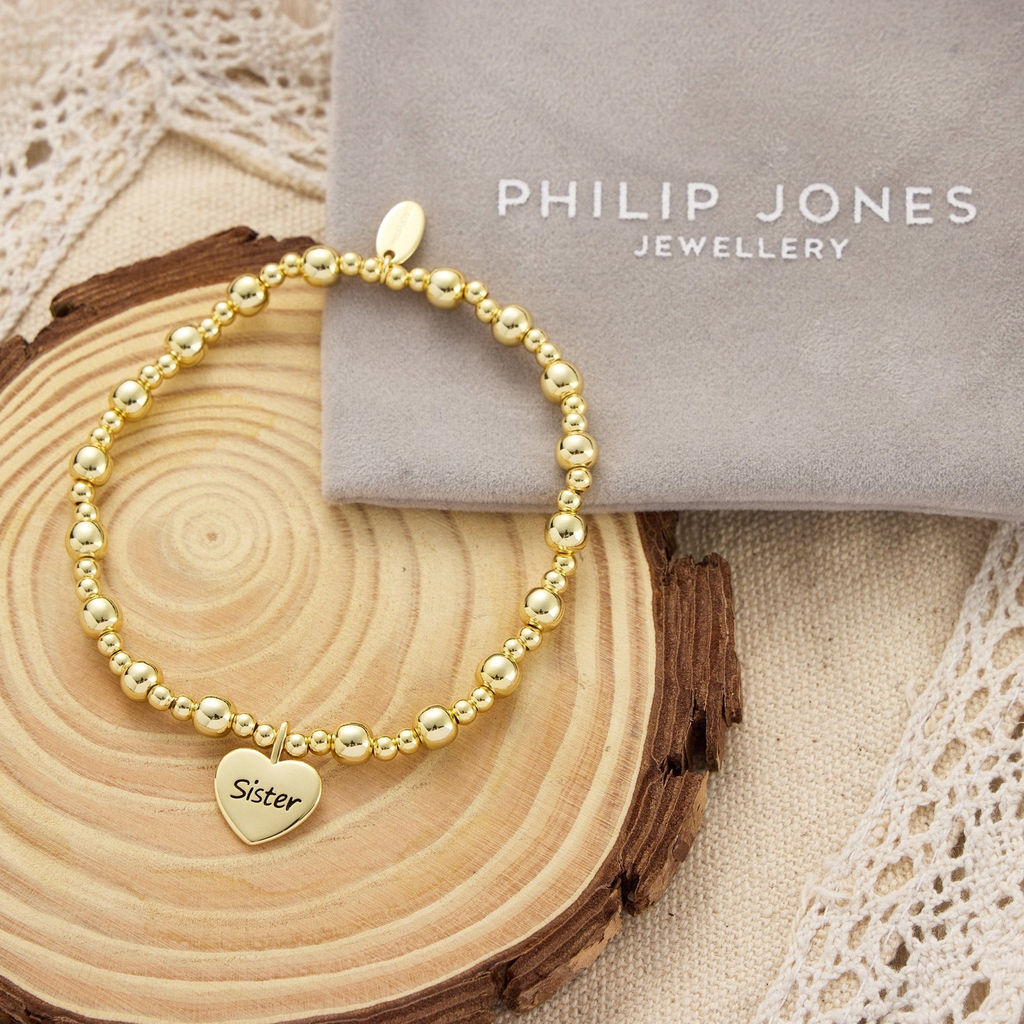 Gold Plated Sister Heart Charm Beaded Stretch Bracelet