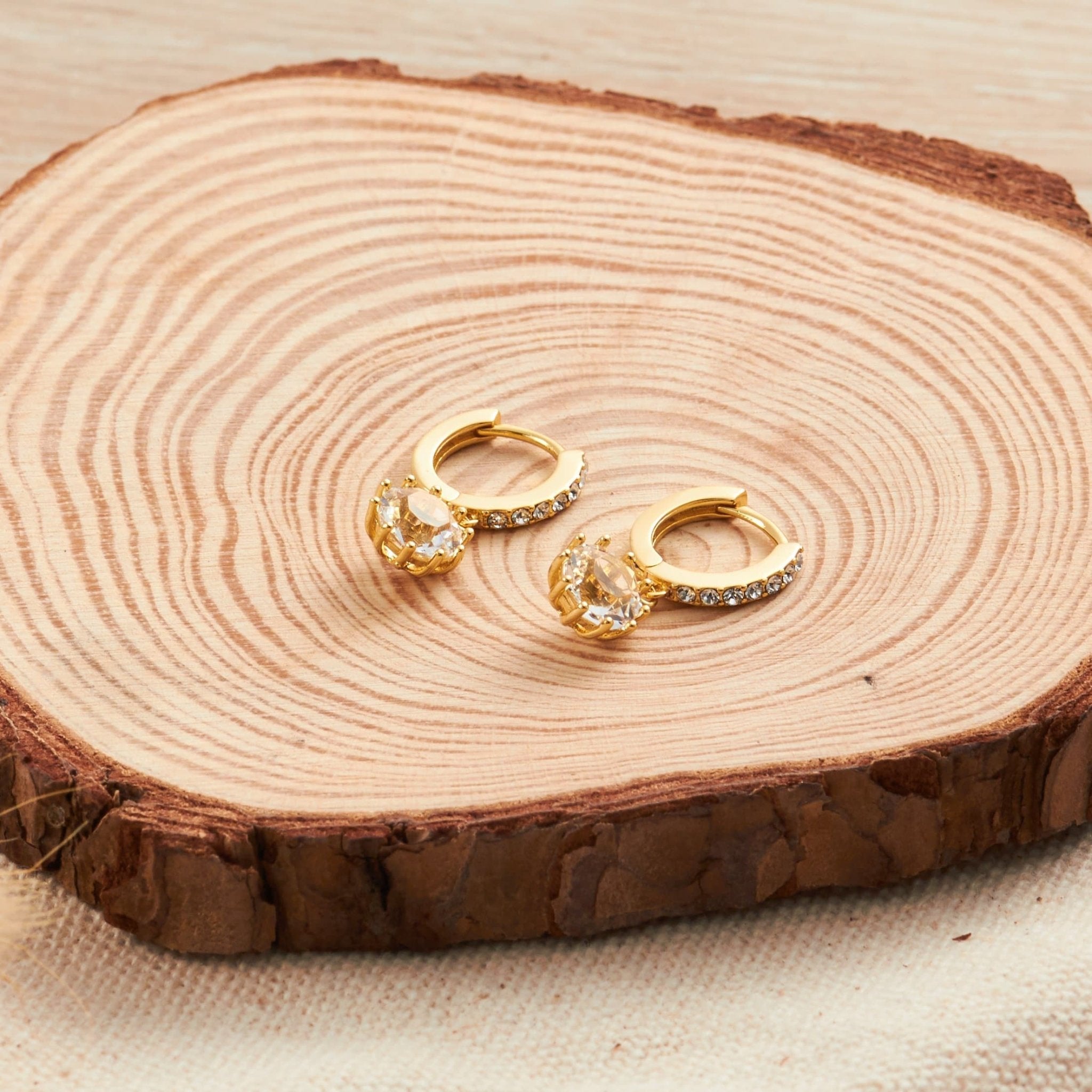 Gold Plated Solitaire Drop Hoop Earrings Created with Zircondia® Crystals