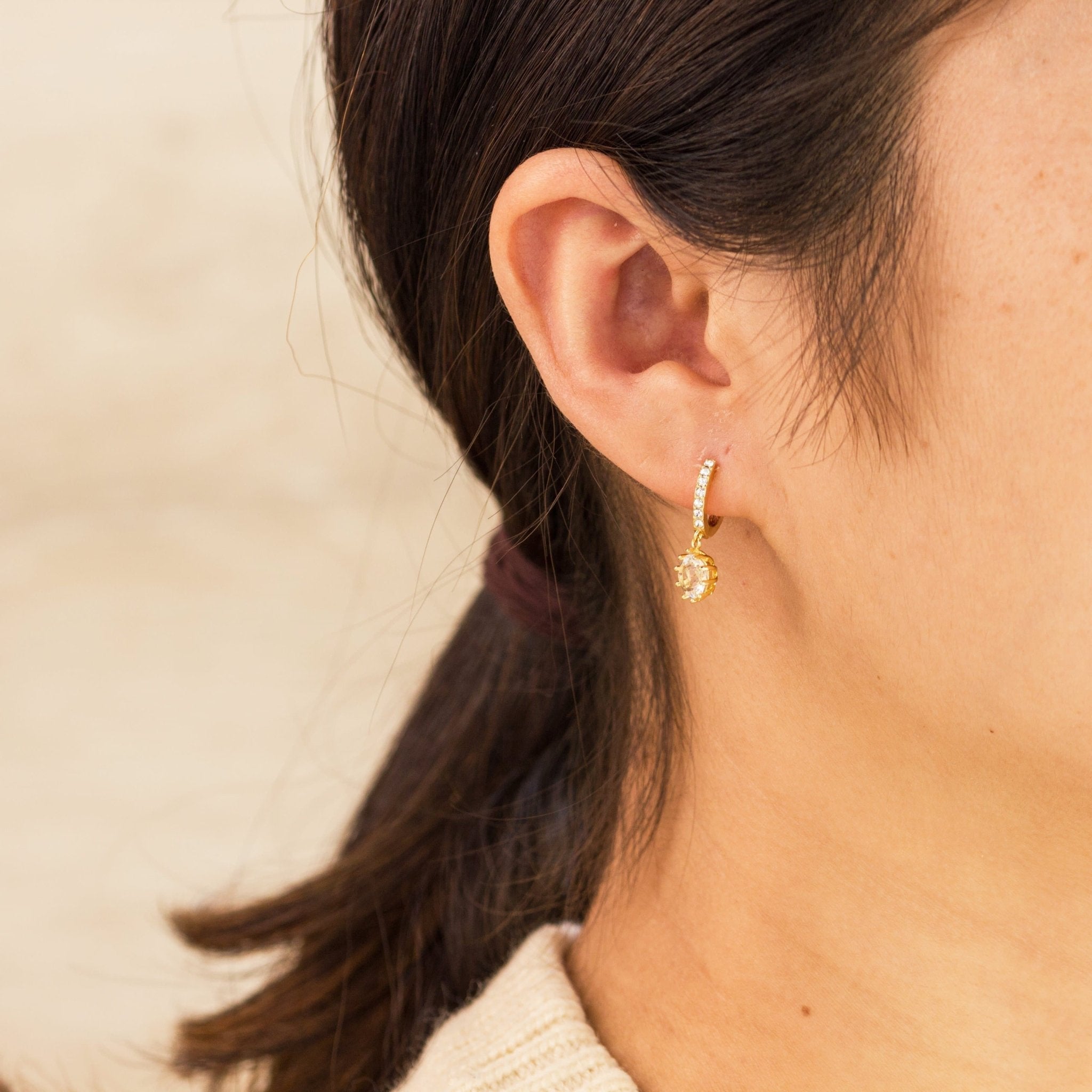 Gold Plated Solitaire Drop Hoop Earrings Created with Zircondia® Crystals