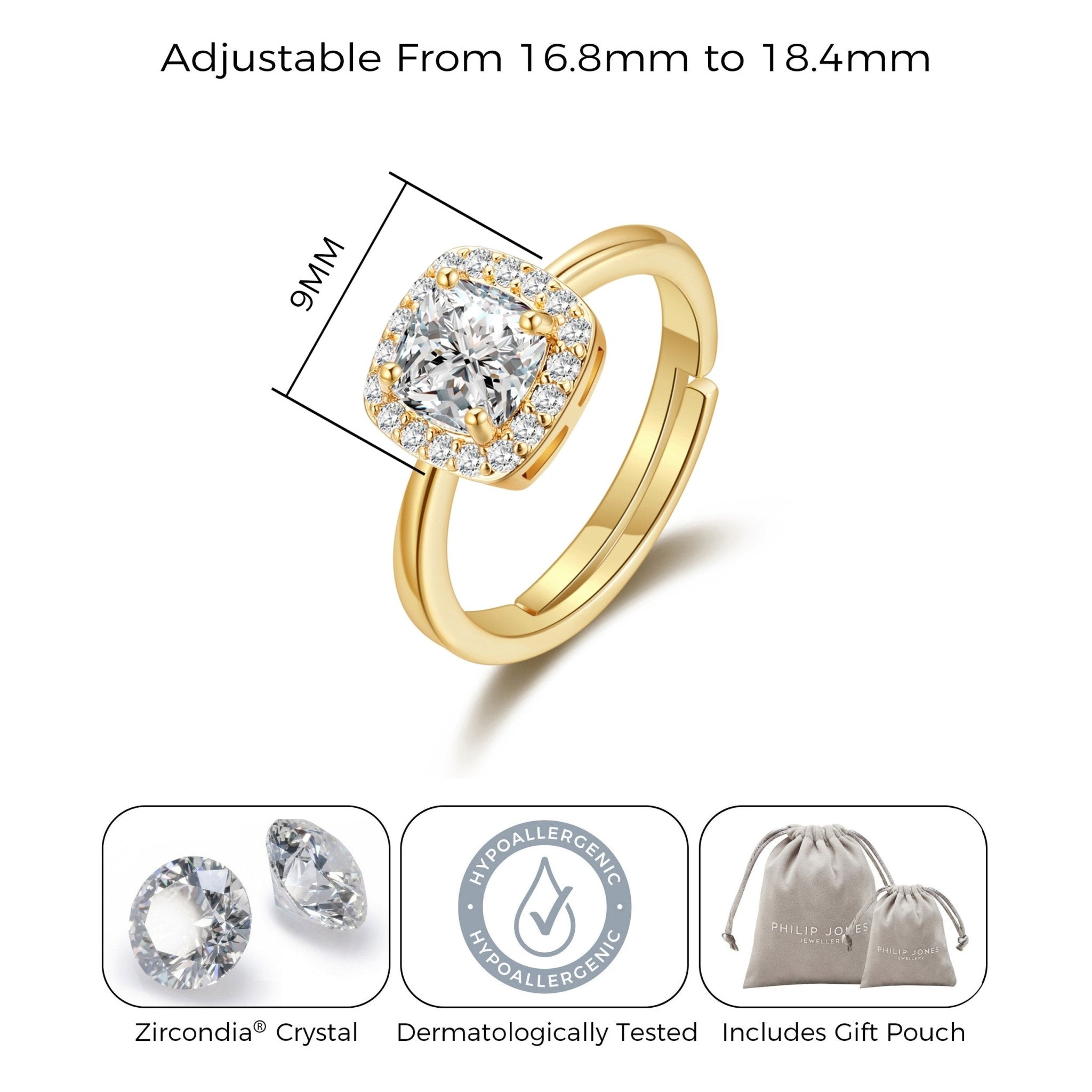 Gold Plated Square Halo Ring Created with Zircondia® Crystals
