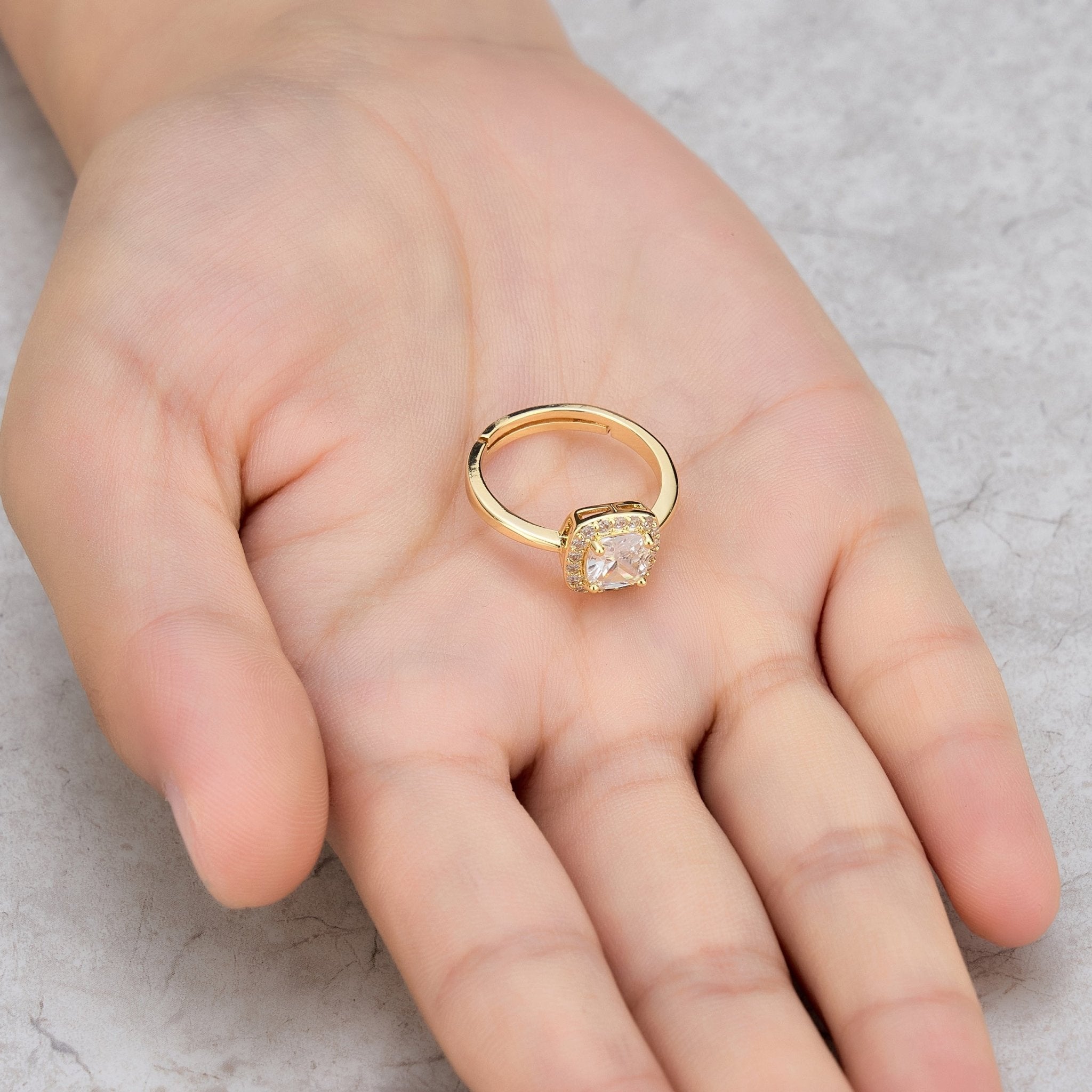 Gold Plated Square Halo Ring Created with Zircondia® Crystals