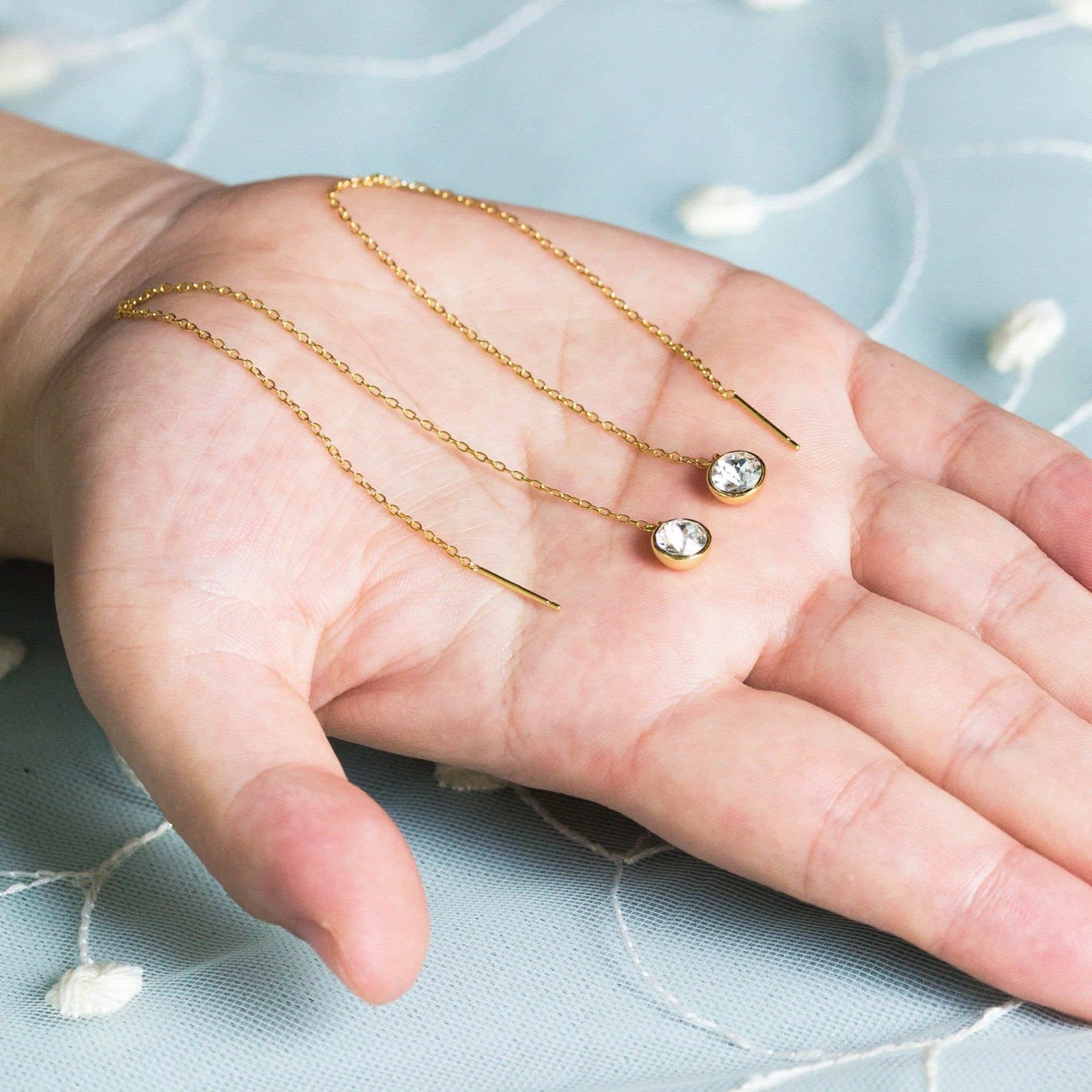 Gold Plated Sterling Silver Thread Earrings Created with Zircondia® Crystals