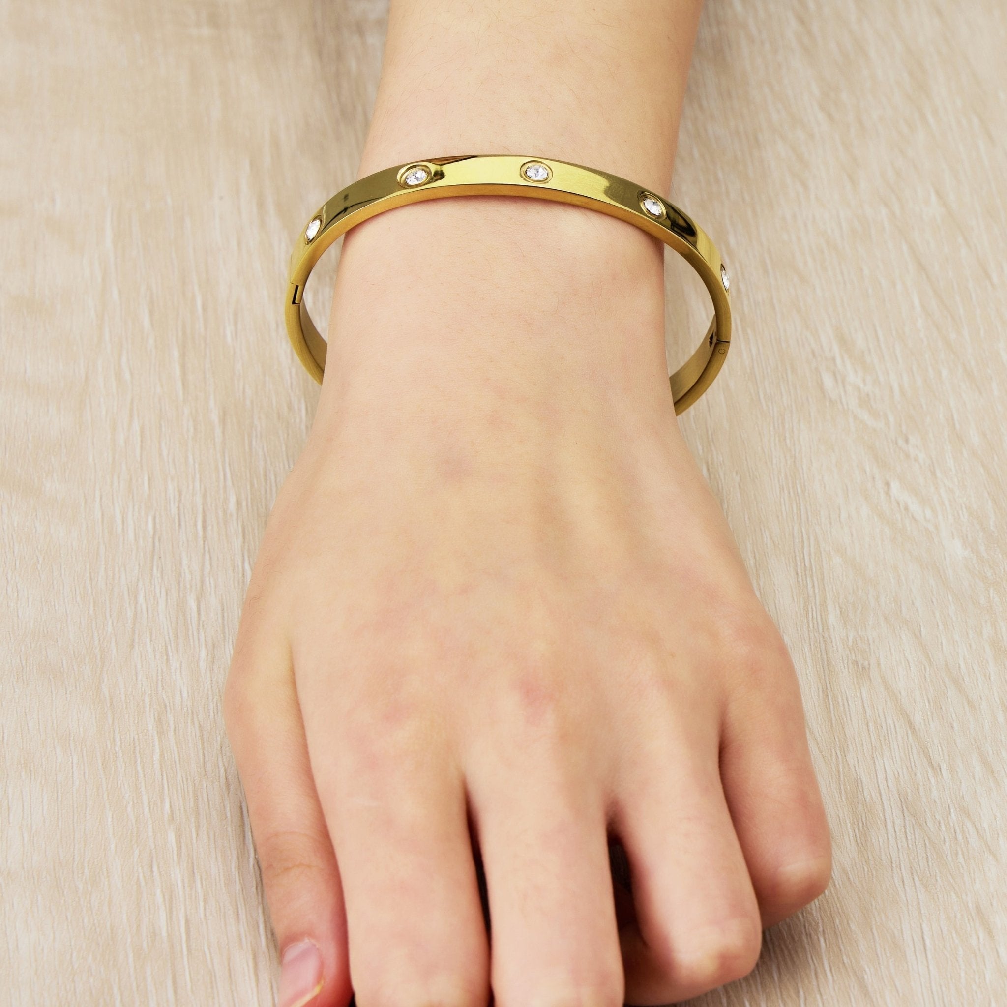 Gold Plated Stud Bangle Created with Zircondia® Crystals (7 Inch)