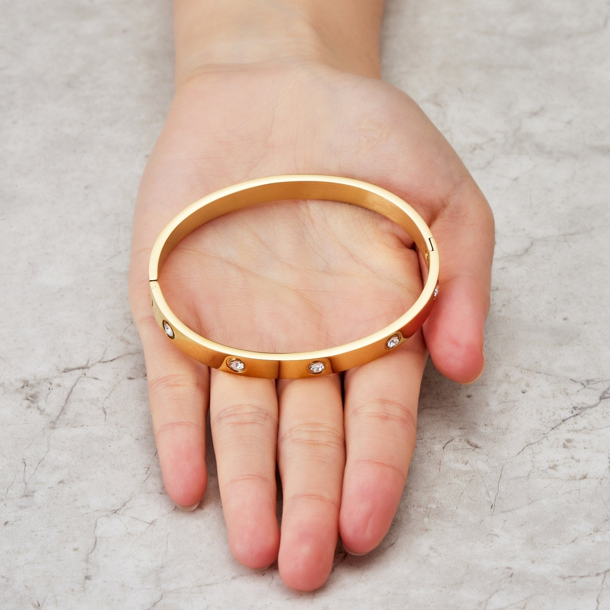 Gold Plated Stud Bangle Created with Zircondia® Crystals (7 Inch)