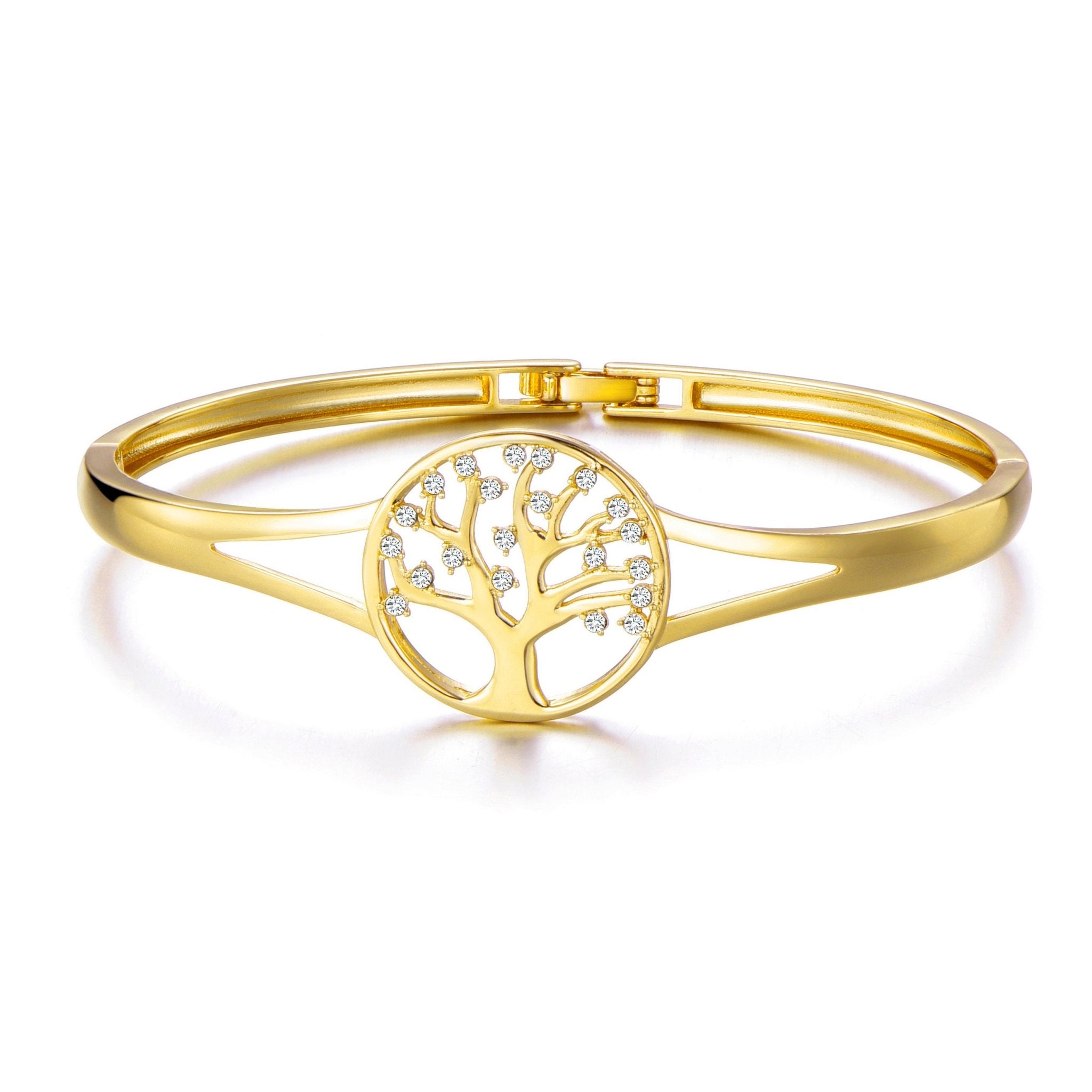 Gold Plated Tree of Life Bangle Created with Zircondia® Crystals (7 Inch)