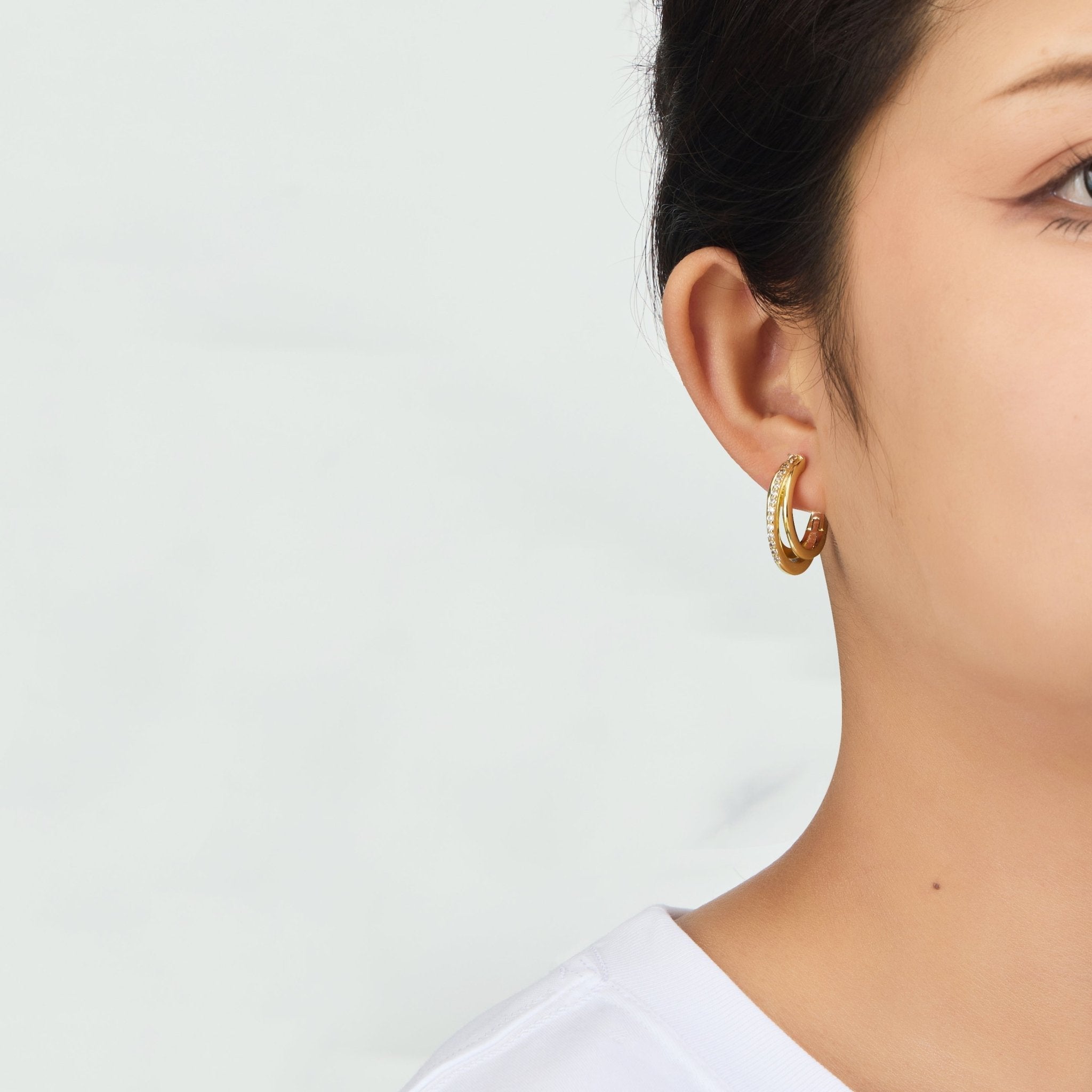 Gold Plated Triple Illusion Hoop Earrings Created with Zircondia® Crystals