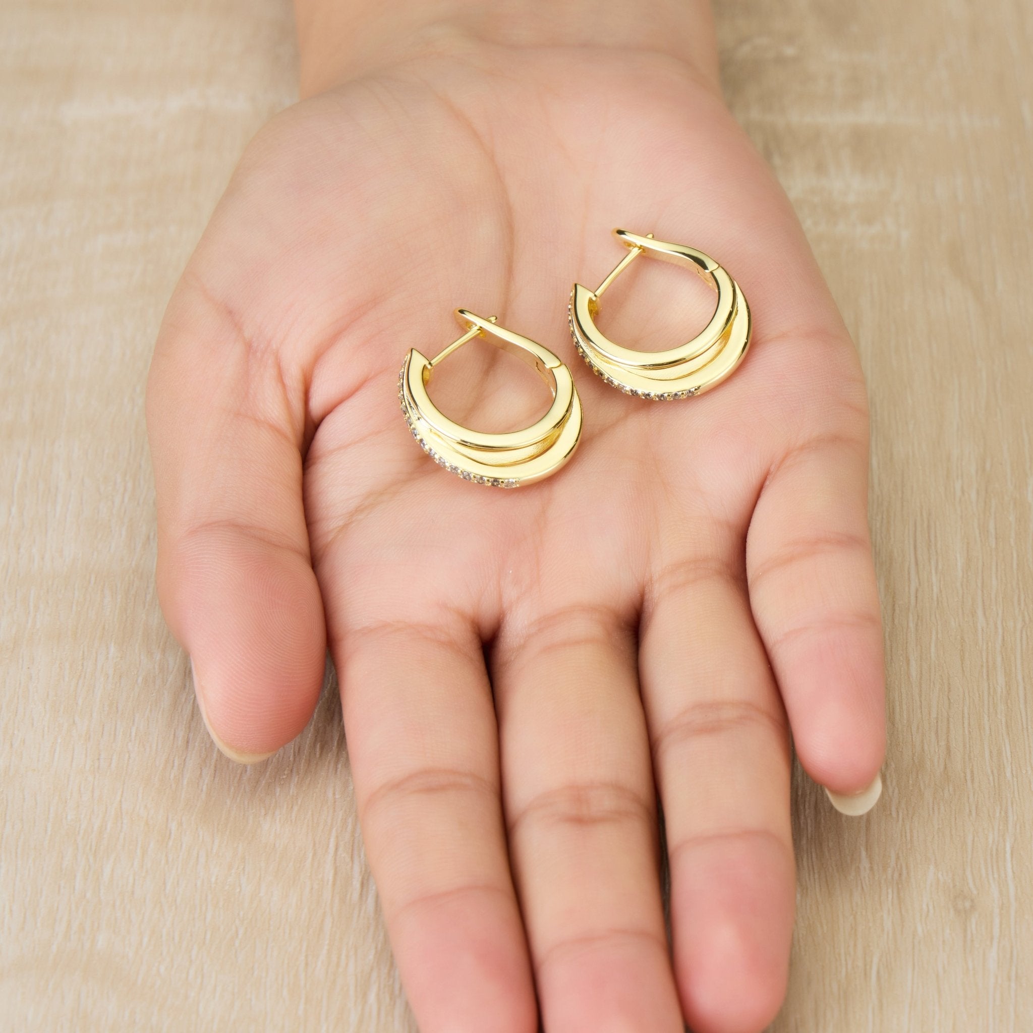 Gold Plated Triple Illusion Hoop Earrings Created with Zircondia® Crystals