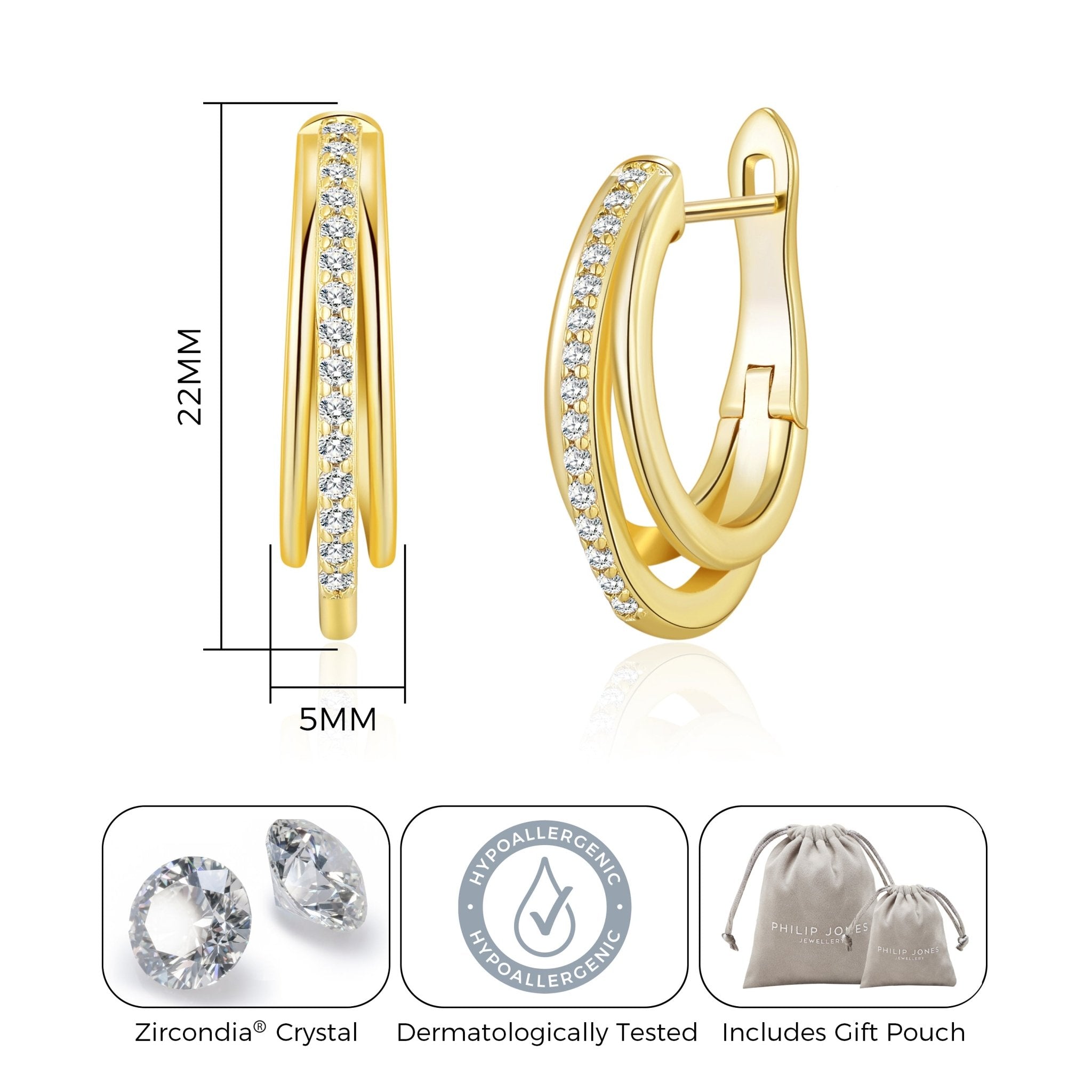 Gold Plated Triple Illusion Hoop Earrings Created with Zircondia® Crystals