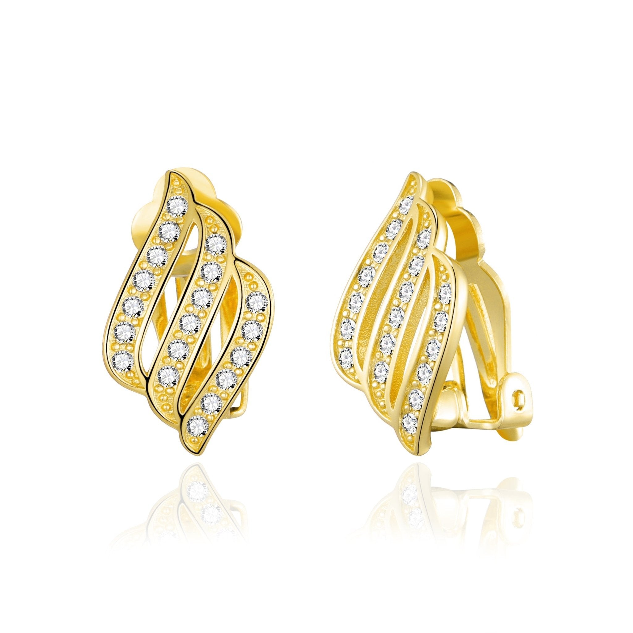 Gold Plated Triple Row Clip On Earrings Created with Zircondia® Crystals
