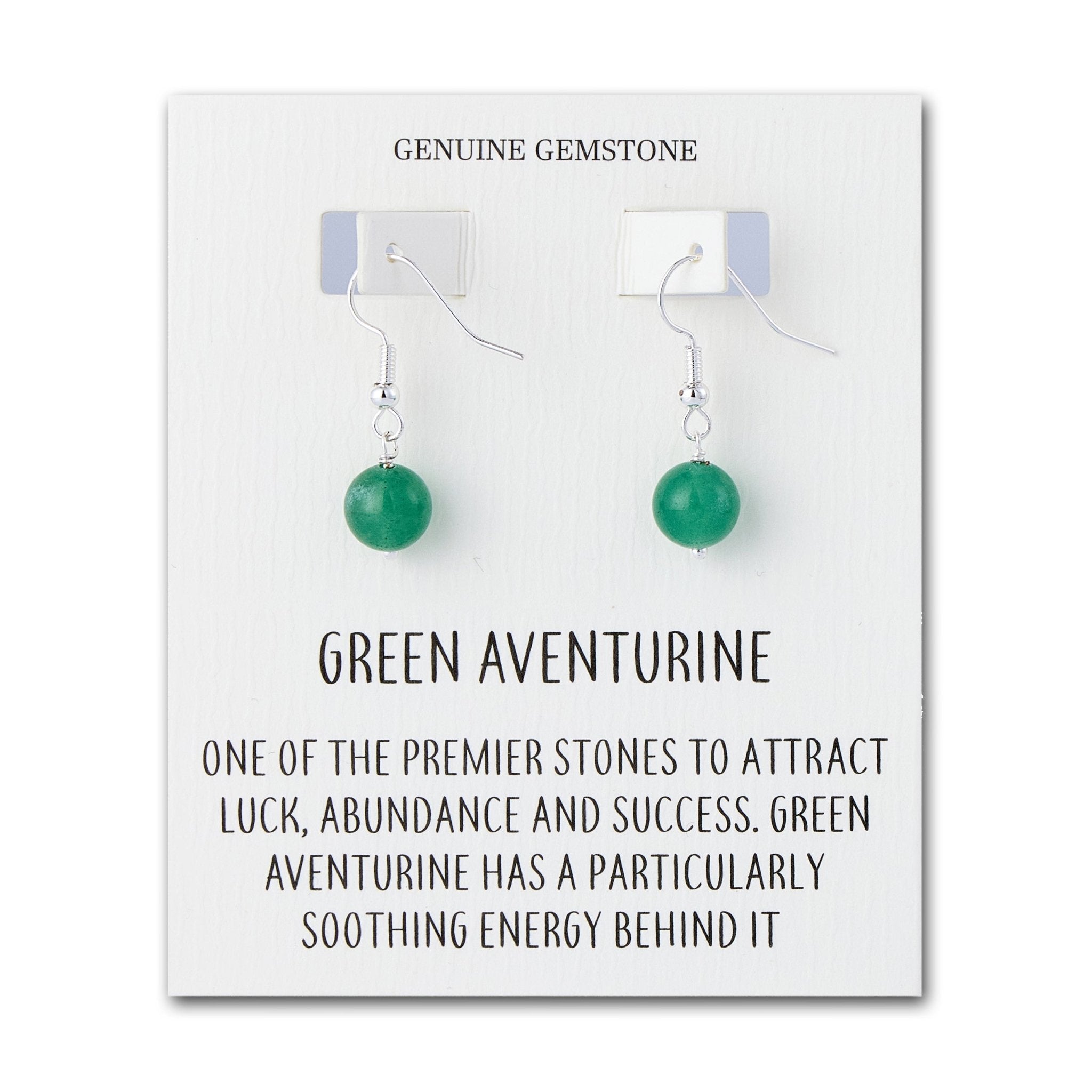 Green Aventurine Gemstone Round Drop Earrings with Quote Card