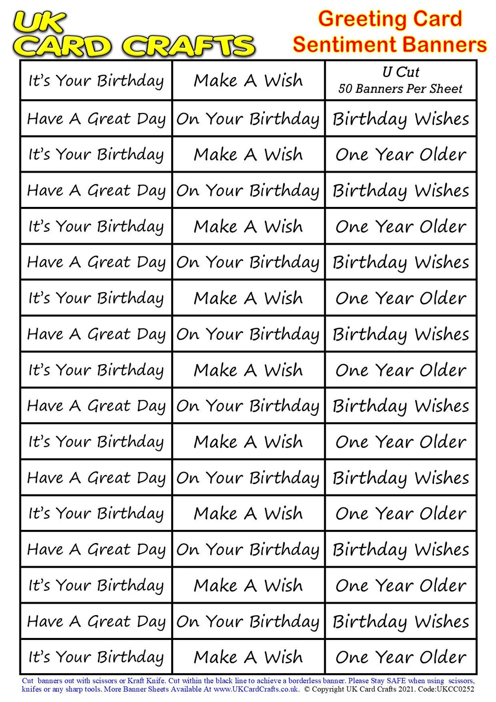 5 x A4 Sheets – 250 General Birthday Sentiment Banners – U Cut by UK Card Crafts