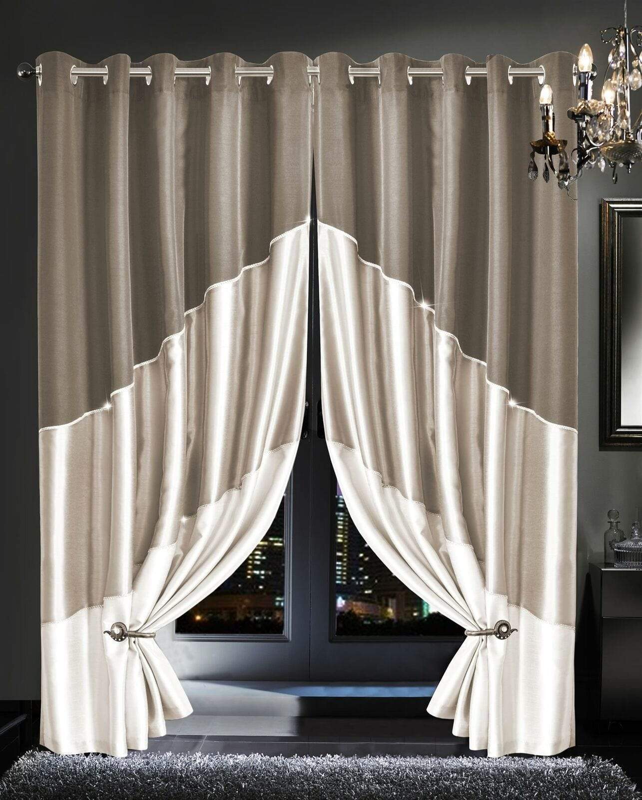 Haveli Luxury Faux Silk Room Darkening Curtains with Glitz Detailing, Ring Top Eyelet Design for Bedroom and Living Room Multiple Sizes and Colors Available by OLIVIA ROCCO