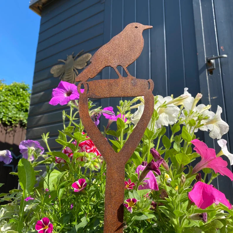 Rusty Metal Blackbird On A Spade Garden Decoration