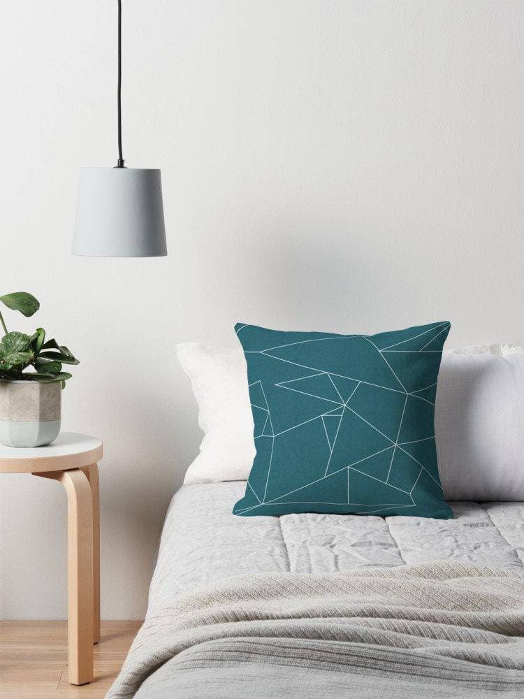 Teal Cushion with a White Geometric Line Design, Throw Pillow