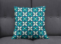 Dark Blue Cushion with White and Blue Geometric Floral Design, Throw Pillow