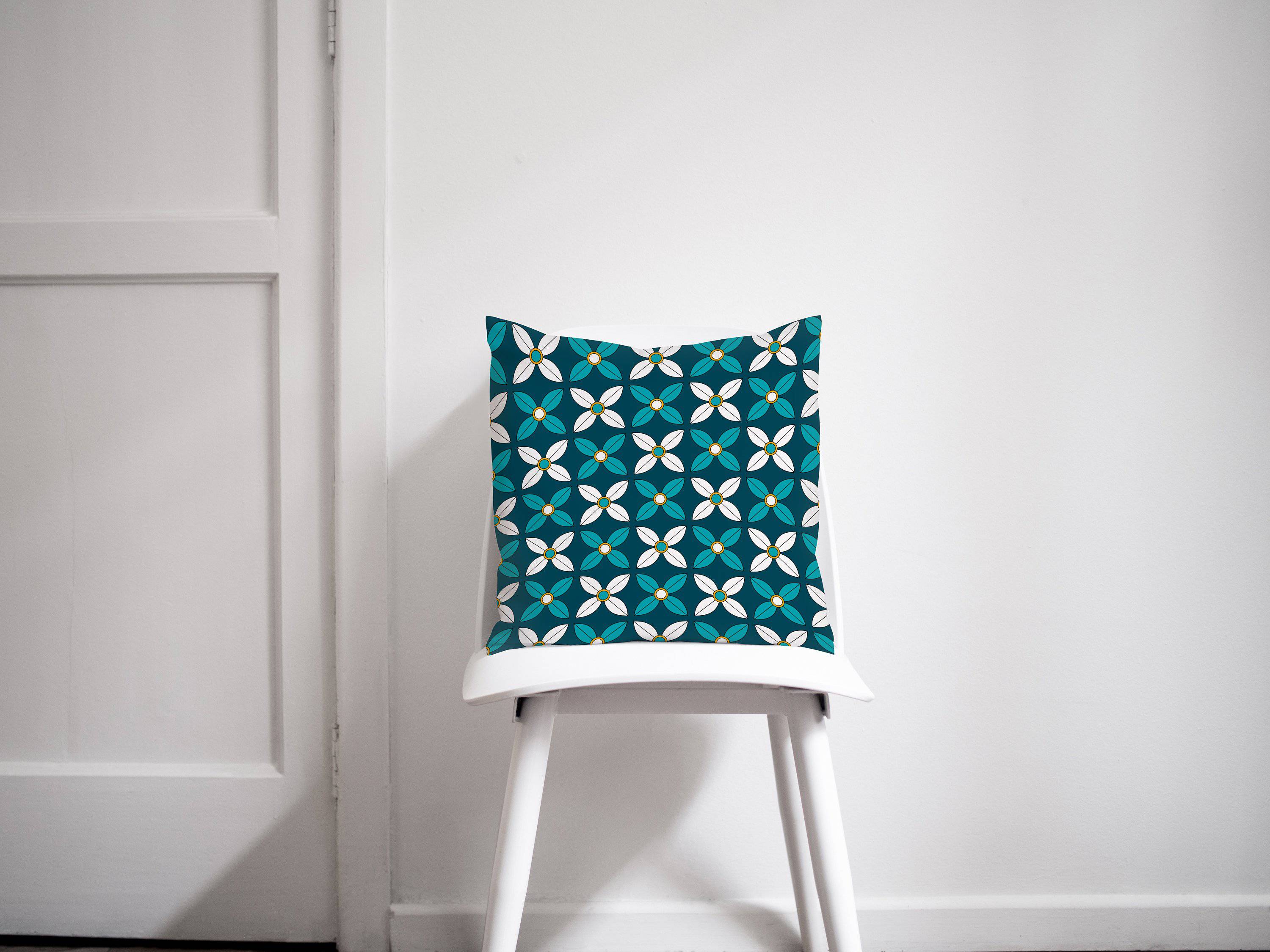 Dark Blue Cushion with White and Blue Geometric Floral Design, Throw Pillow