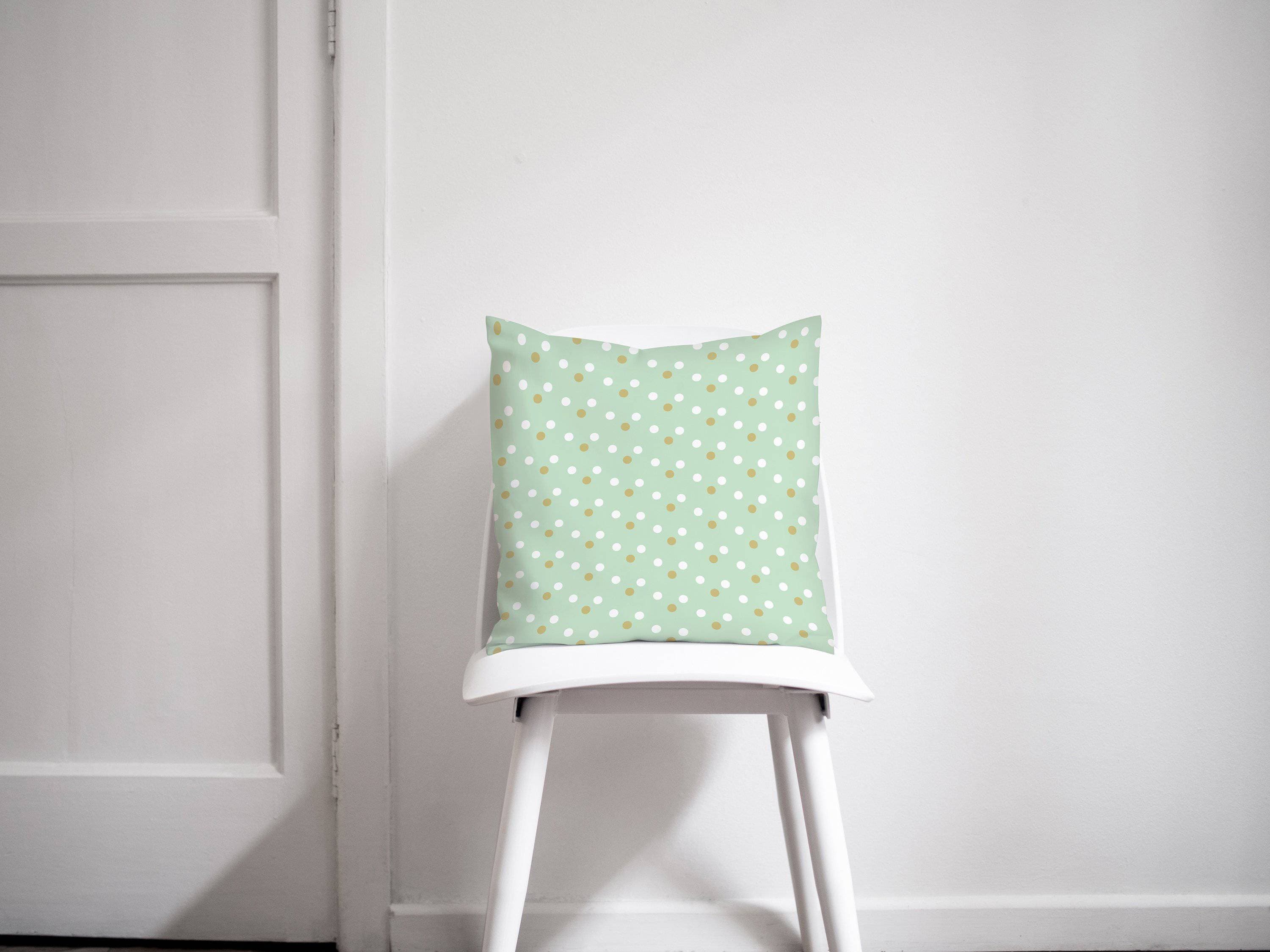 Mint Green Cushion with a Gold and White Spotted Design, Throw Pillow