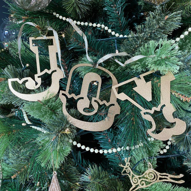 JOY Christmas Mantle Tree Decoration / Distressed Gold 5