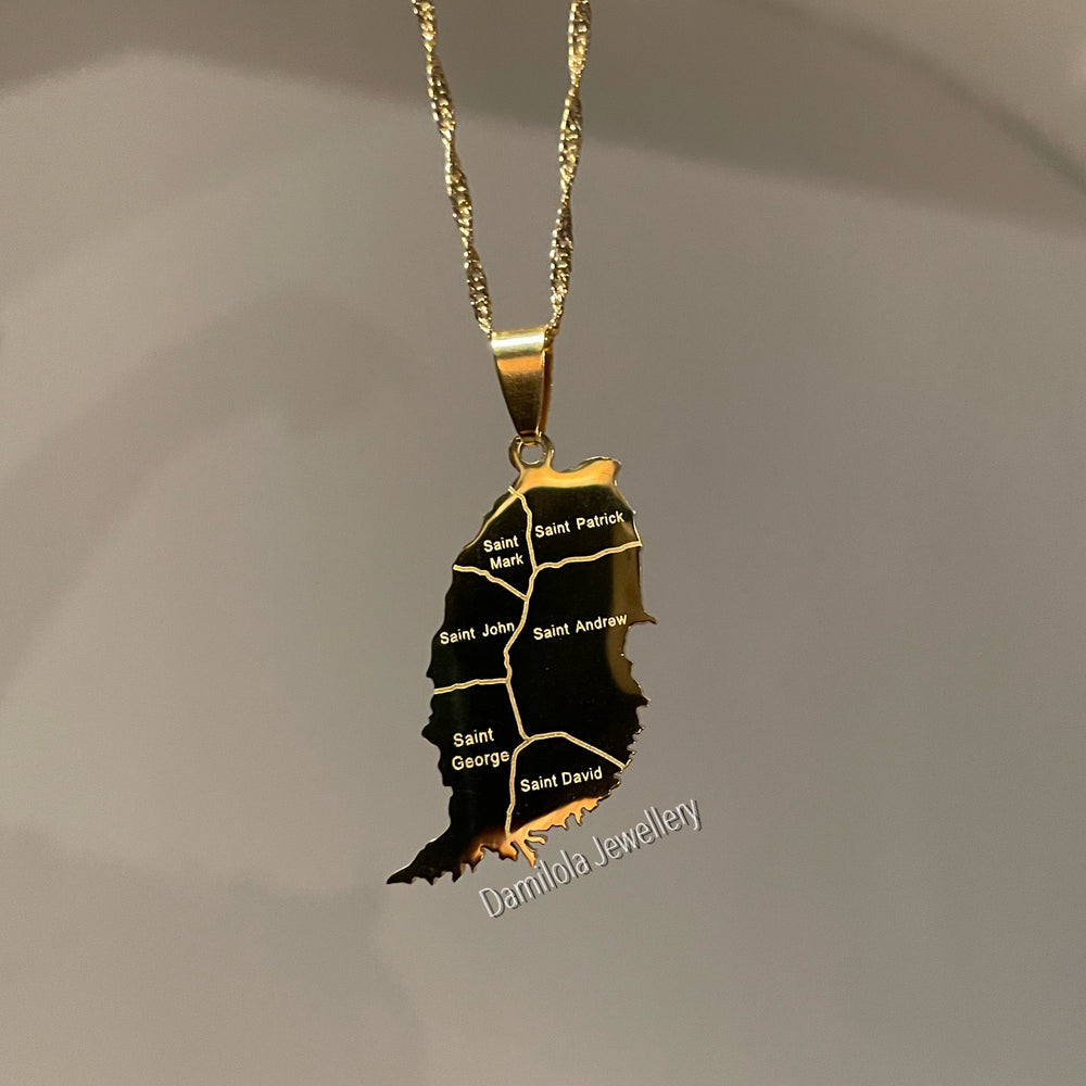 Grenada Engraved Map Necklace - Silver/Gold