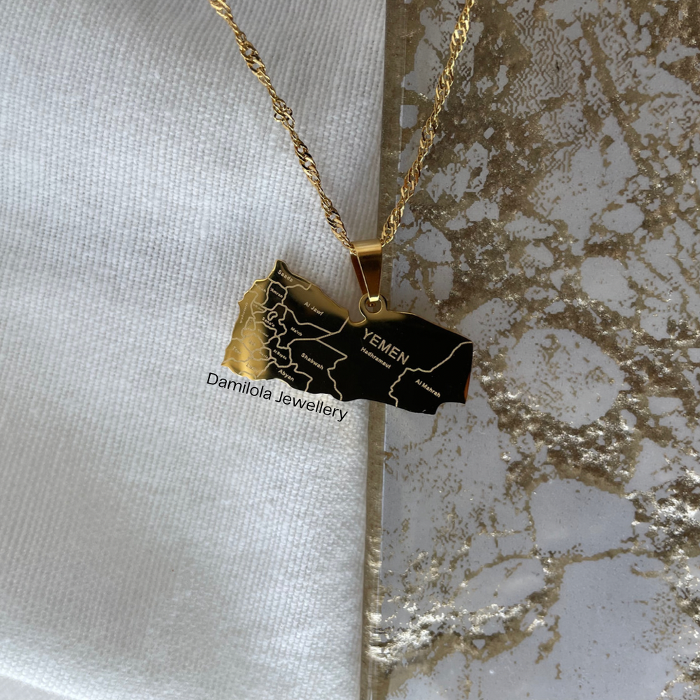 Yemen - Engraved Map Necklace - Gold/Silver