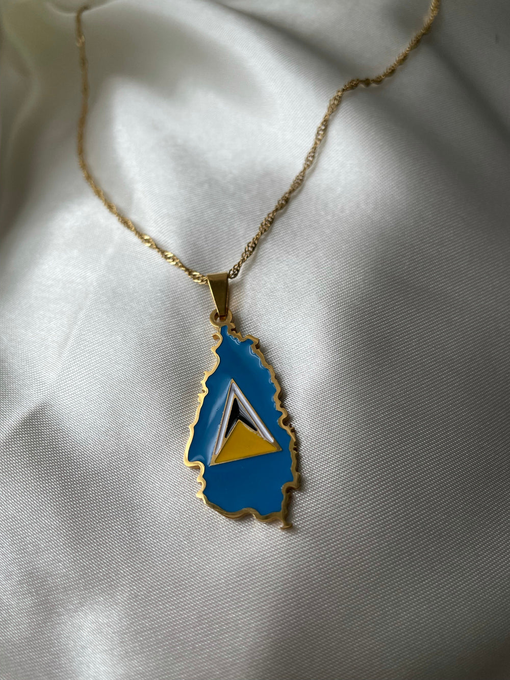St Lucia Flag Necklace - Gold/Silver - “The Land, the people, the light”