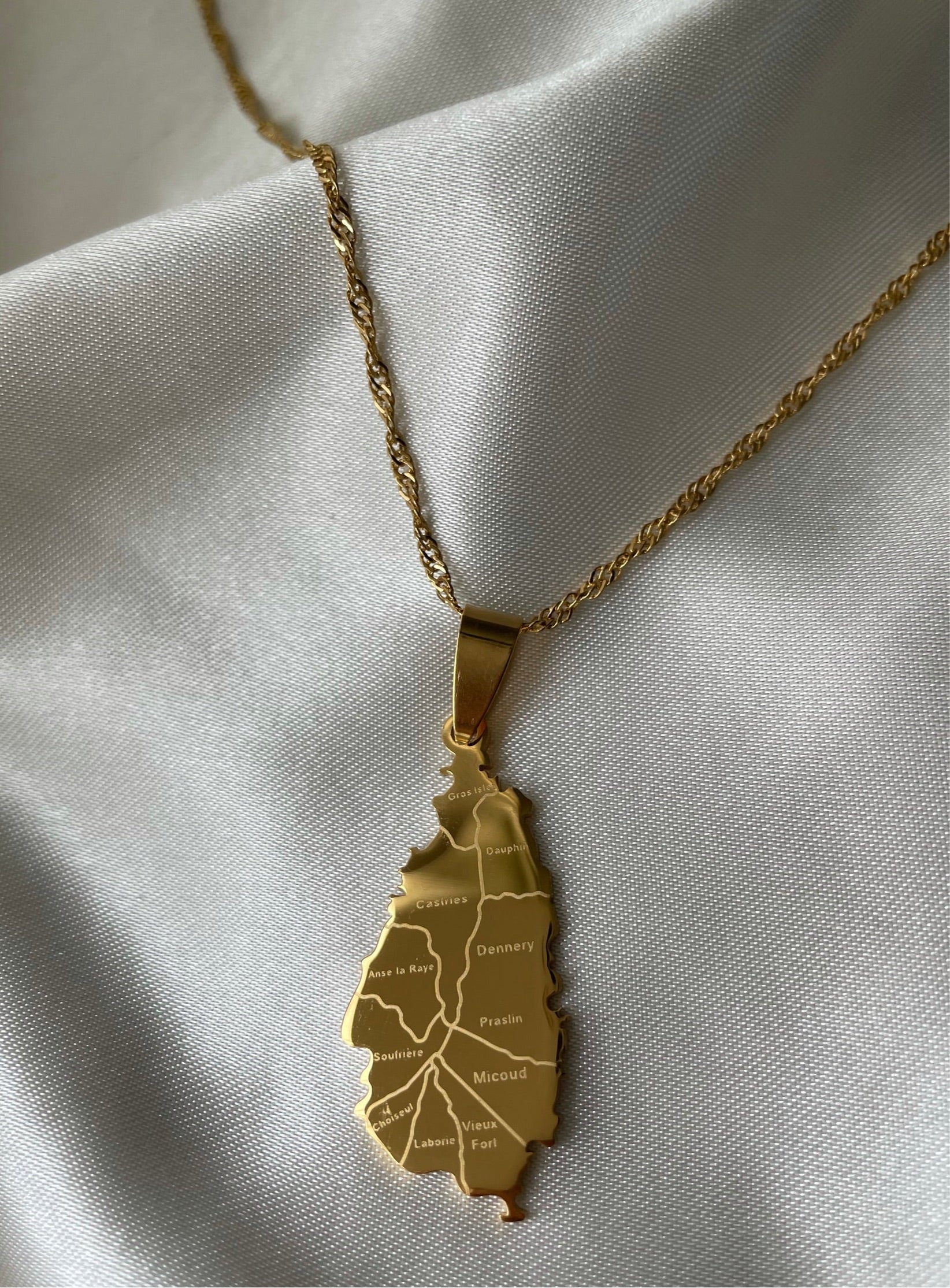 St. Lucia Engraved Map Necklace - Silver/Gold - The Land, the people, the light”