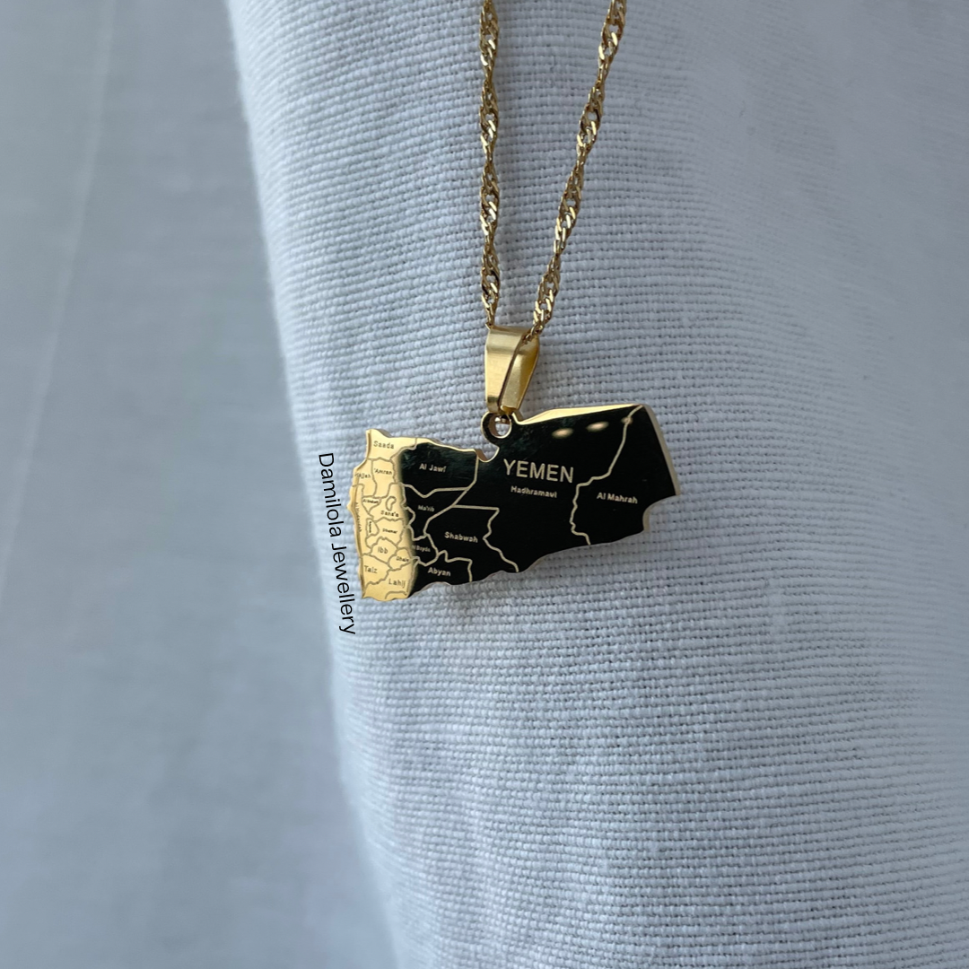 Yemen - Engraved Map Necklace - Gold/Silver