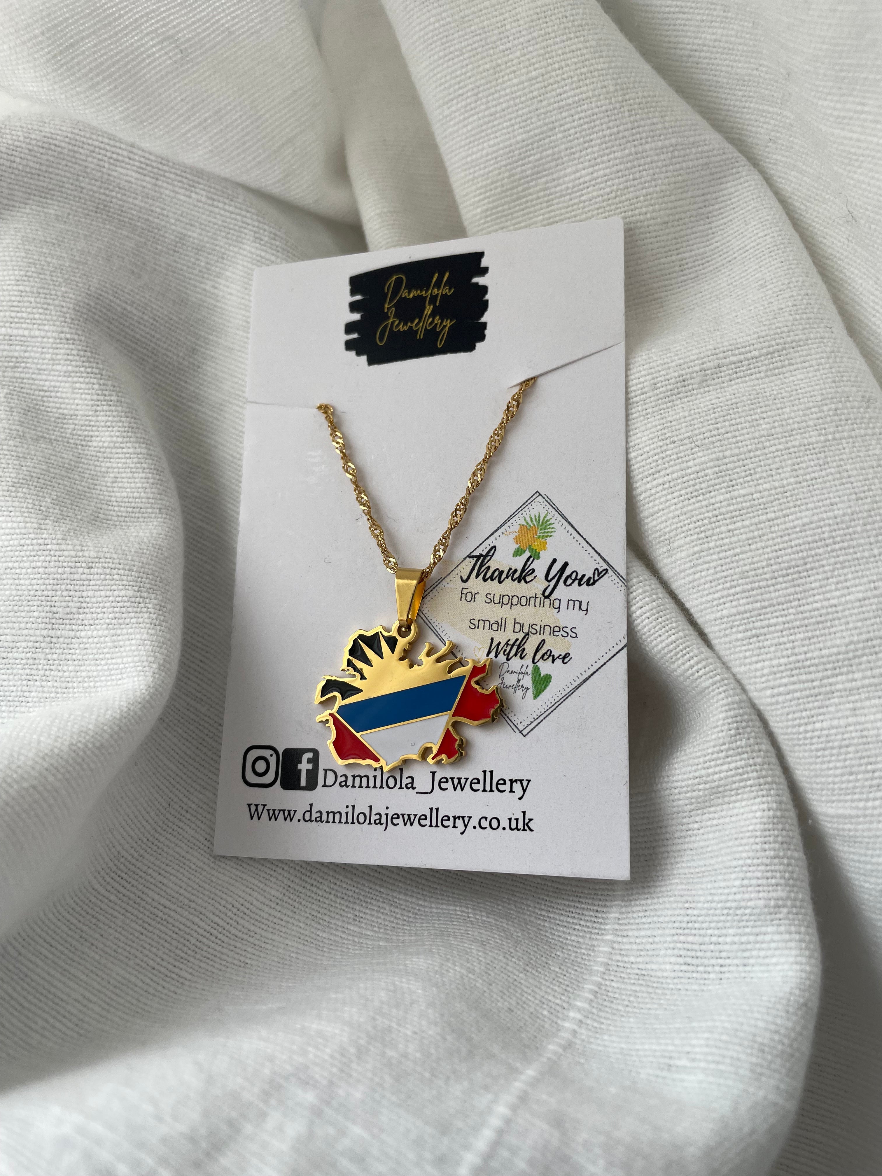 Antigua and Barbuda Flag Map Necklace - Gold/Silver
