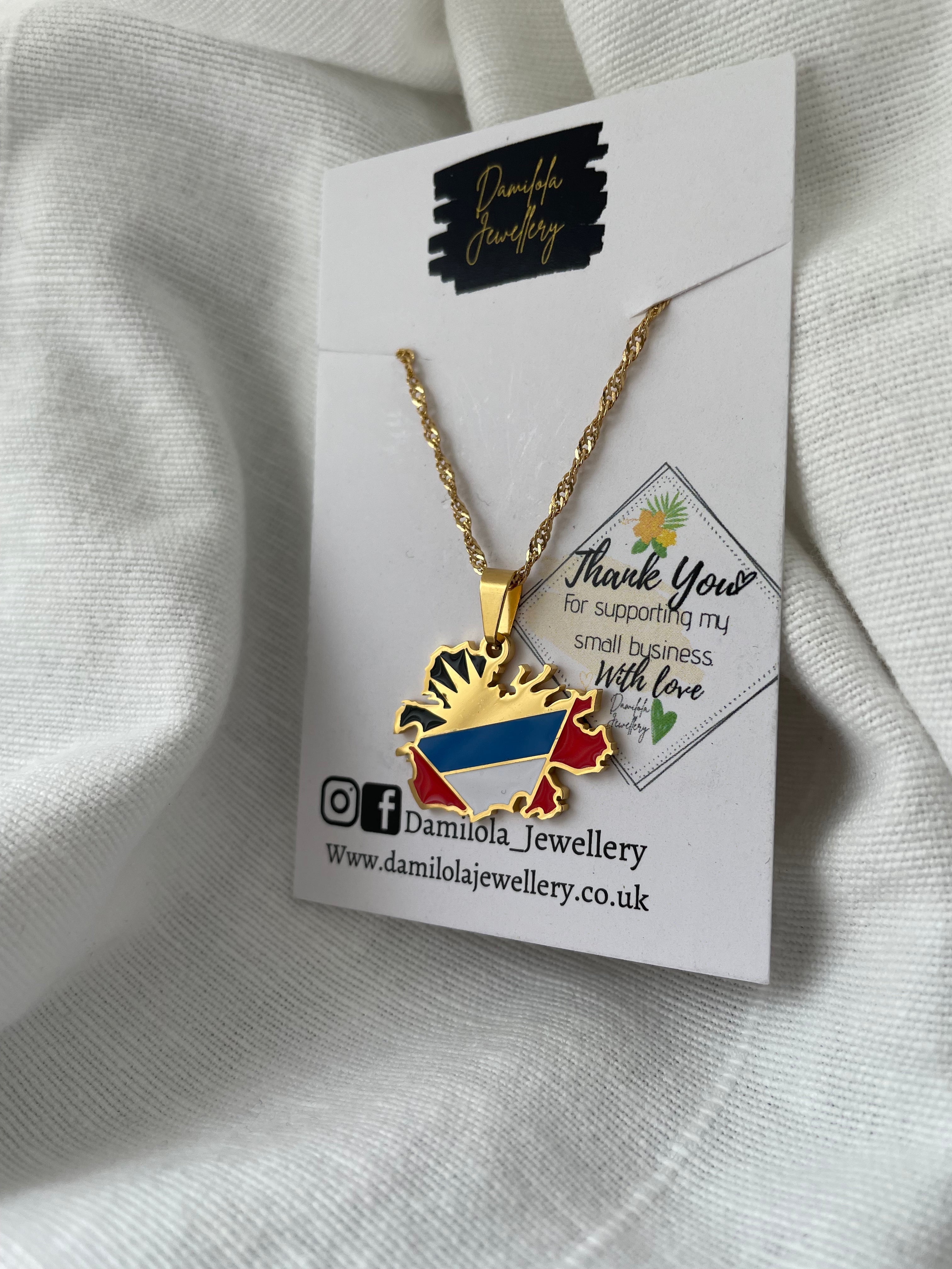 Antigua and Barbuda Flag Map Necklace - Gold/Silver