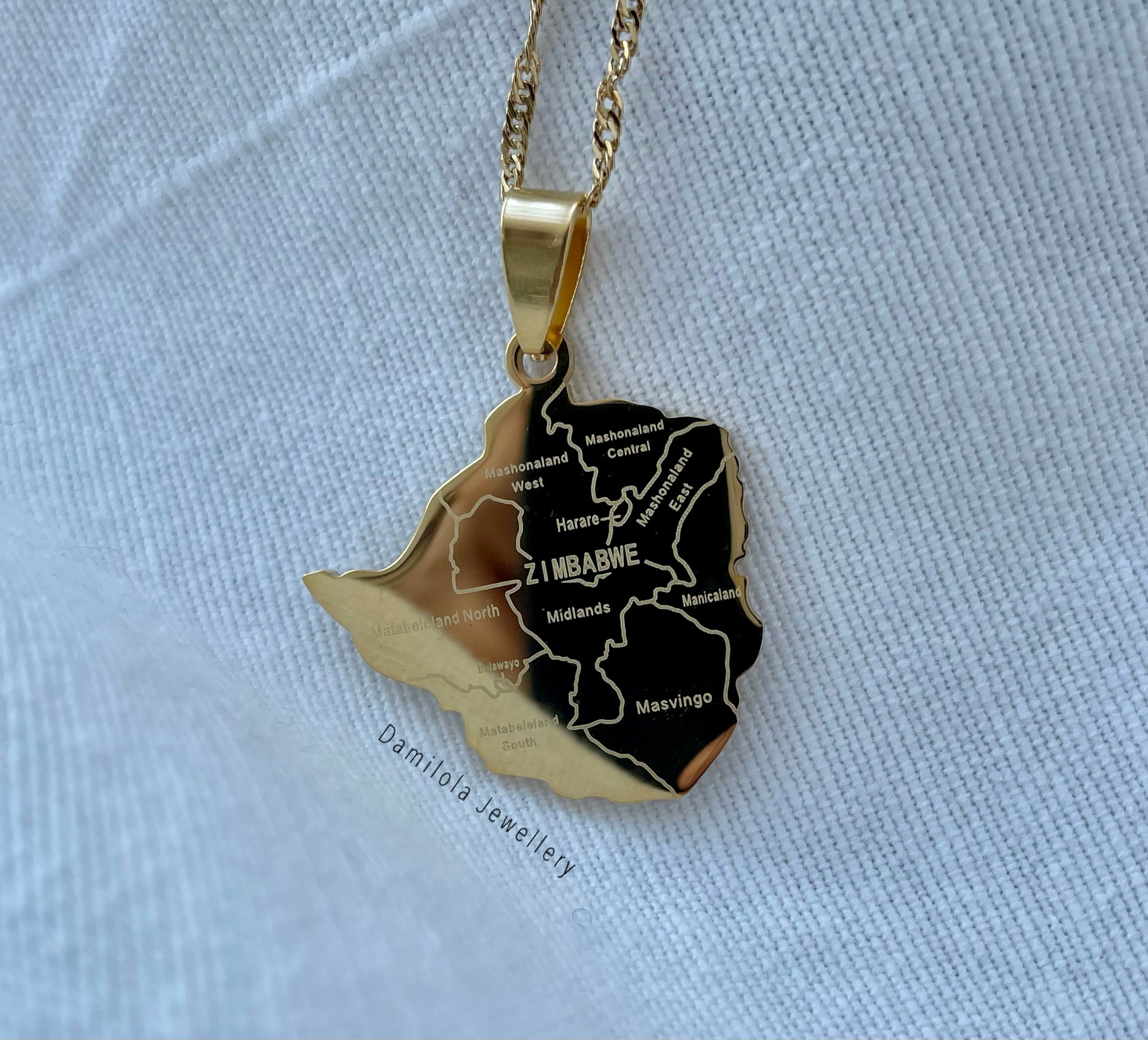 Zimbabwe Engraved Map Necklace 🇿🇼 - Gold/Silver
